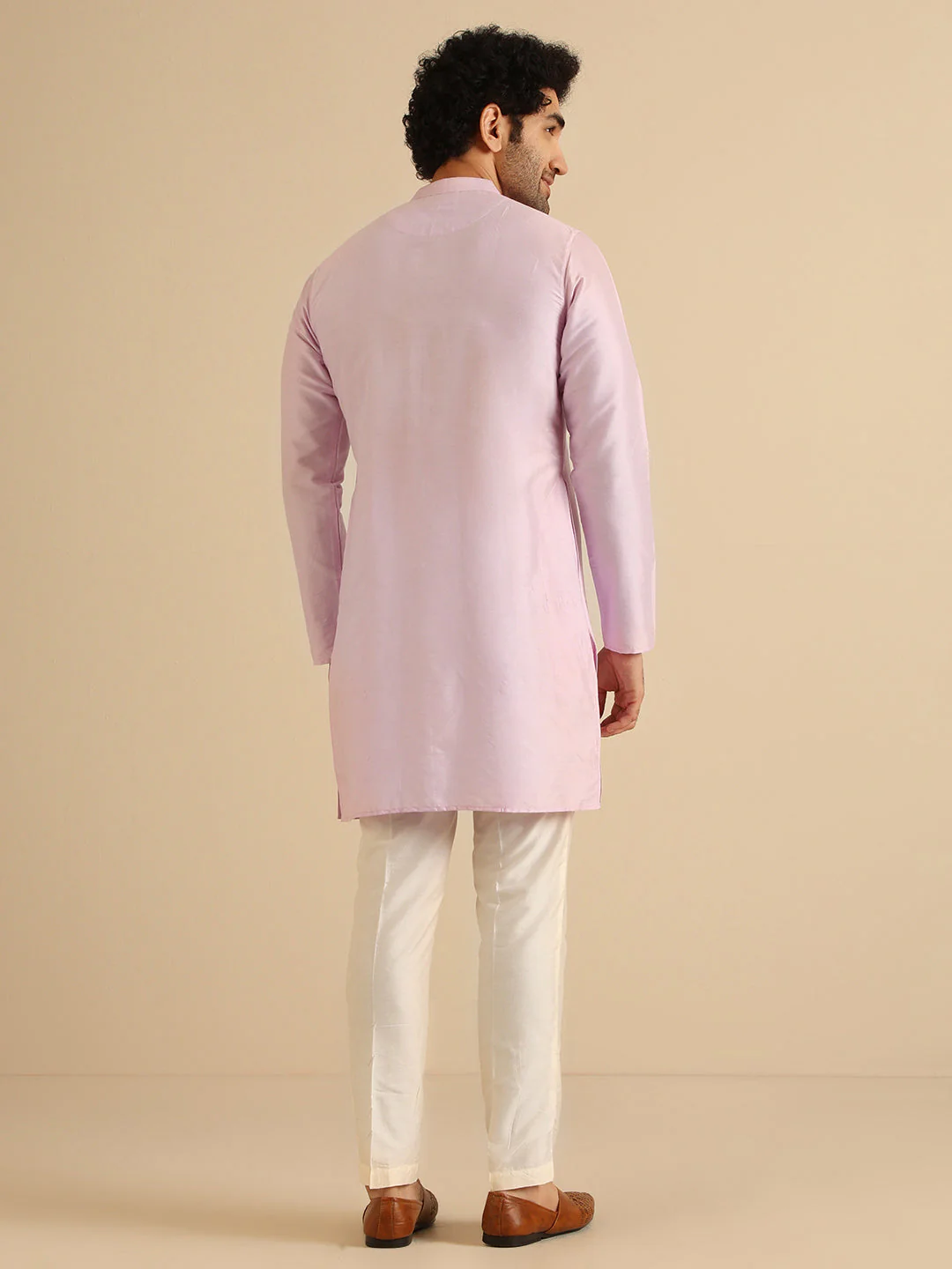 Light Pink Silk Blend Solid Kurta Trouser Set - Image 4