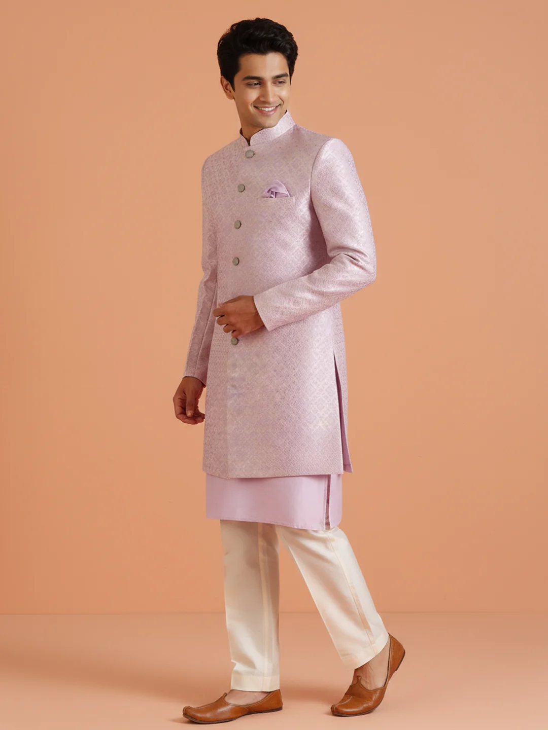Lilac Brocade Kurta Sherwani Trouser Set - Image 3