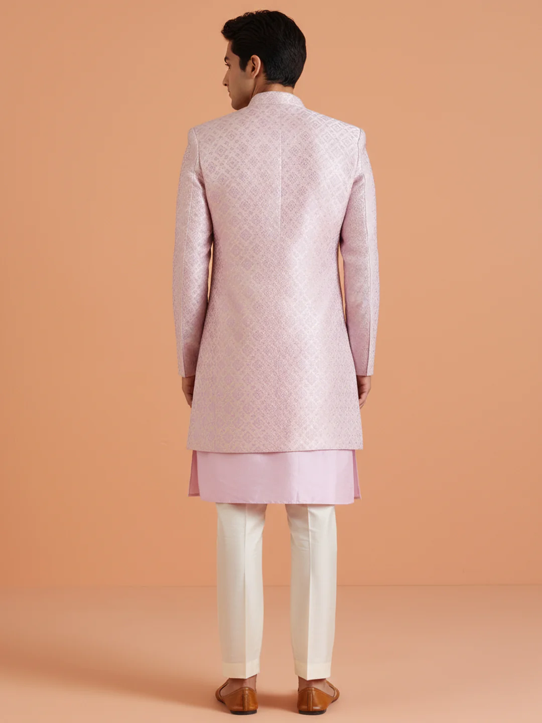 Lilac Brocade Kurta Sherwani Trouser Set - Image 4