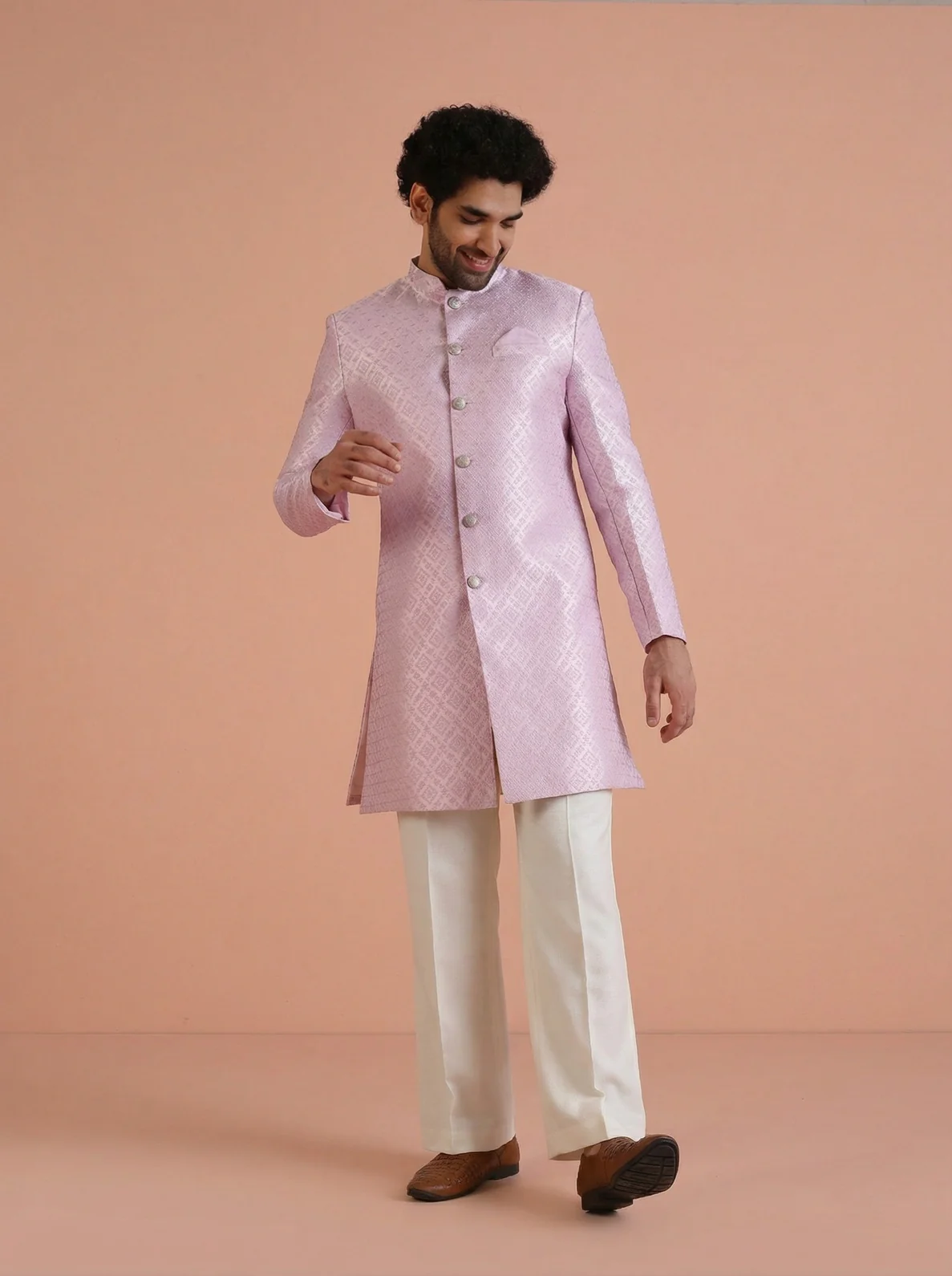 Lilac Jacquard Woven Design Sherwani Wide Leg Trouser Set