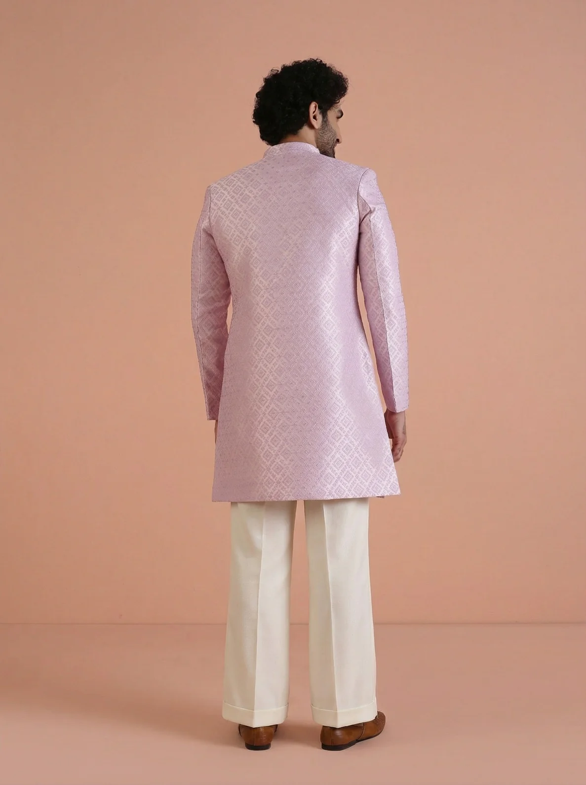 Lilac Jacquard Woven Design Sherwani Wide Leg Trouser Set - Image 3