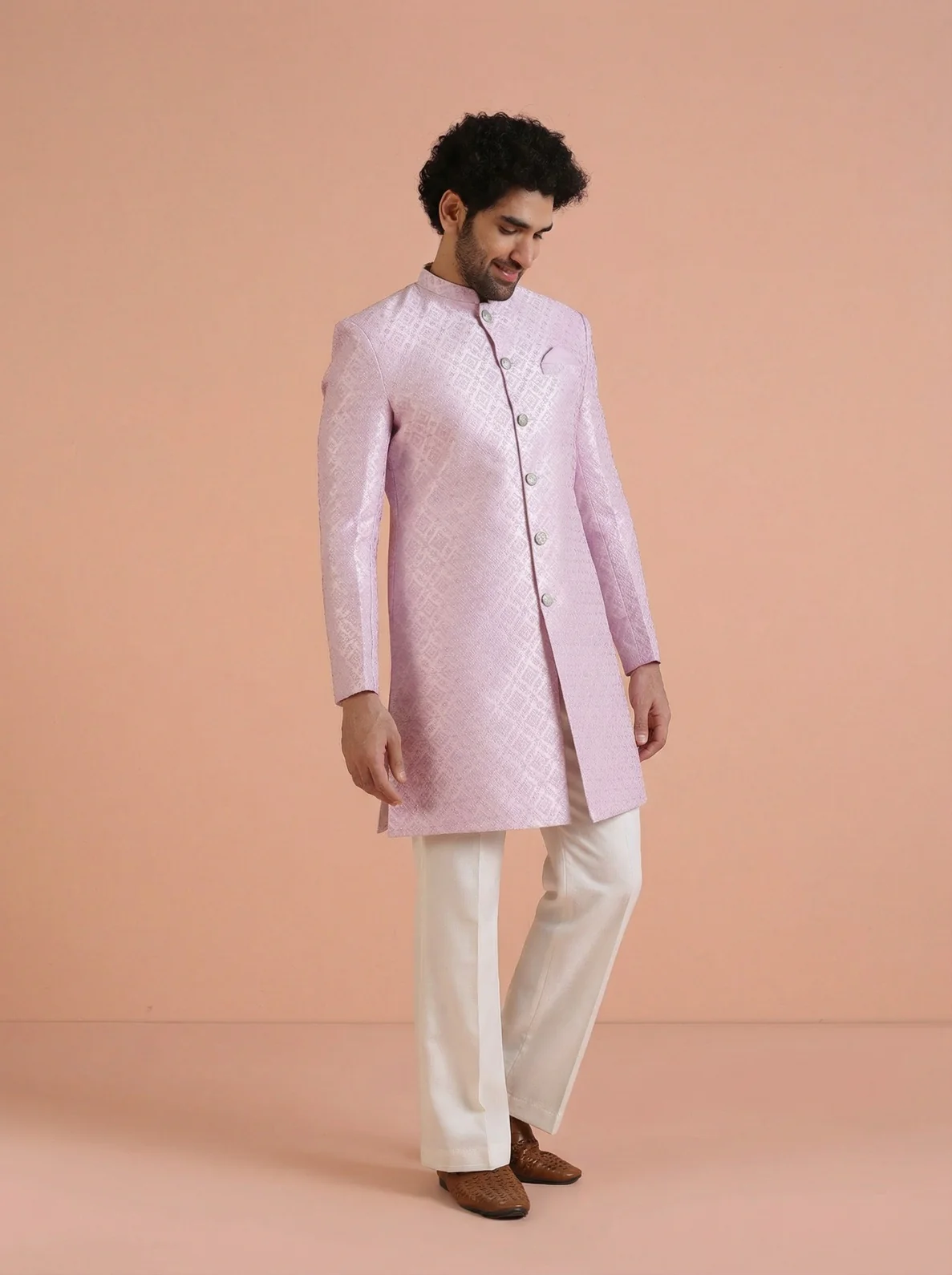 Lilac Jacquard Woven Design Sherwani Wide Leg Trouser Set - Image 6