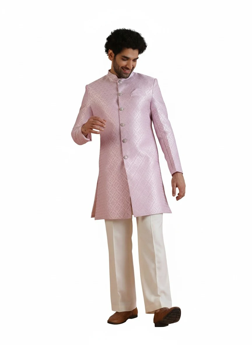 Lilac Jacquard Woven Design Sherwani Wide Leg Trouser Set - Image 8