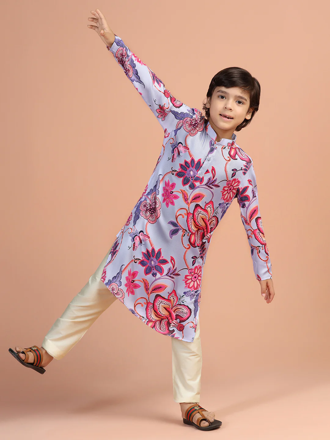 Lilac Pink Floral Kids Kurta Set
