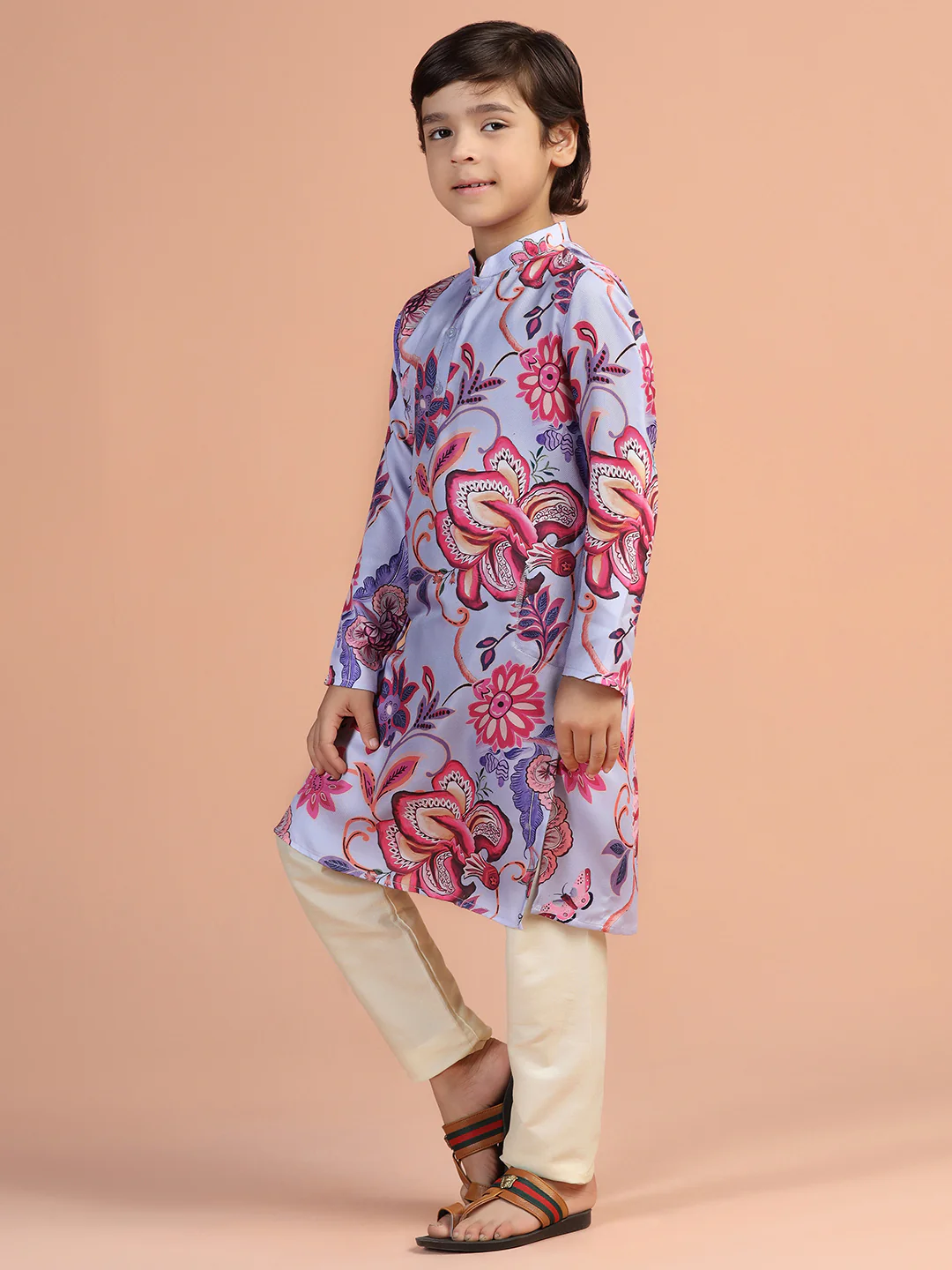 Lilac Pink Floral Kids Kurta Set - Image 2