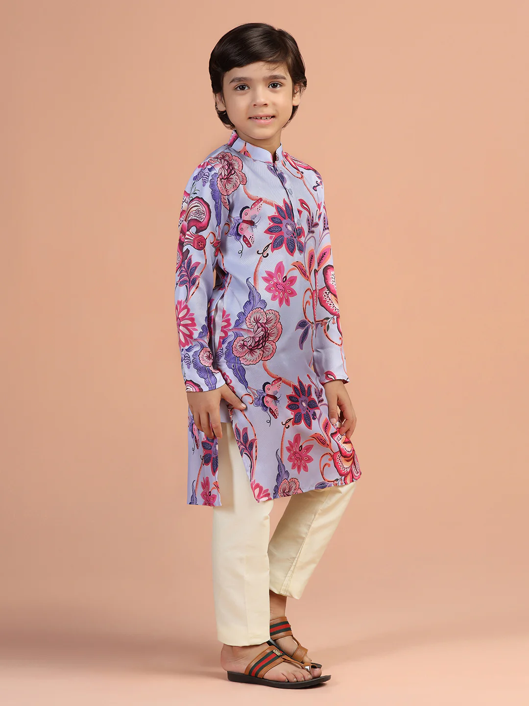 Lilac Pink Floral Kids Kurta Set - Image 3