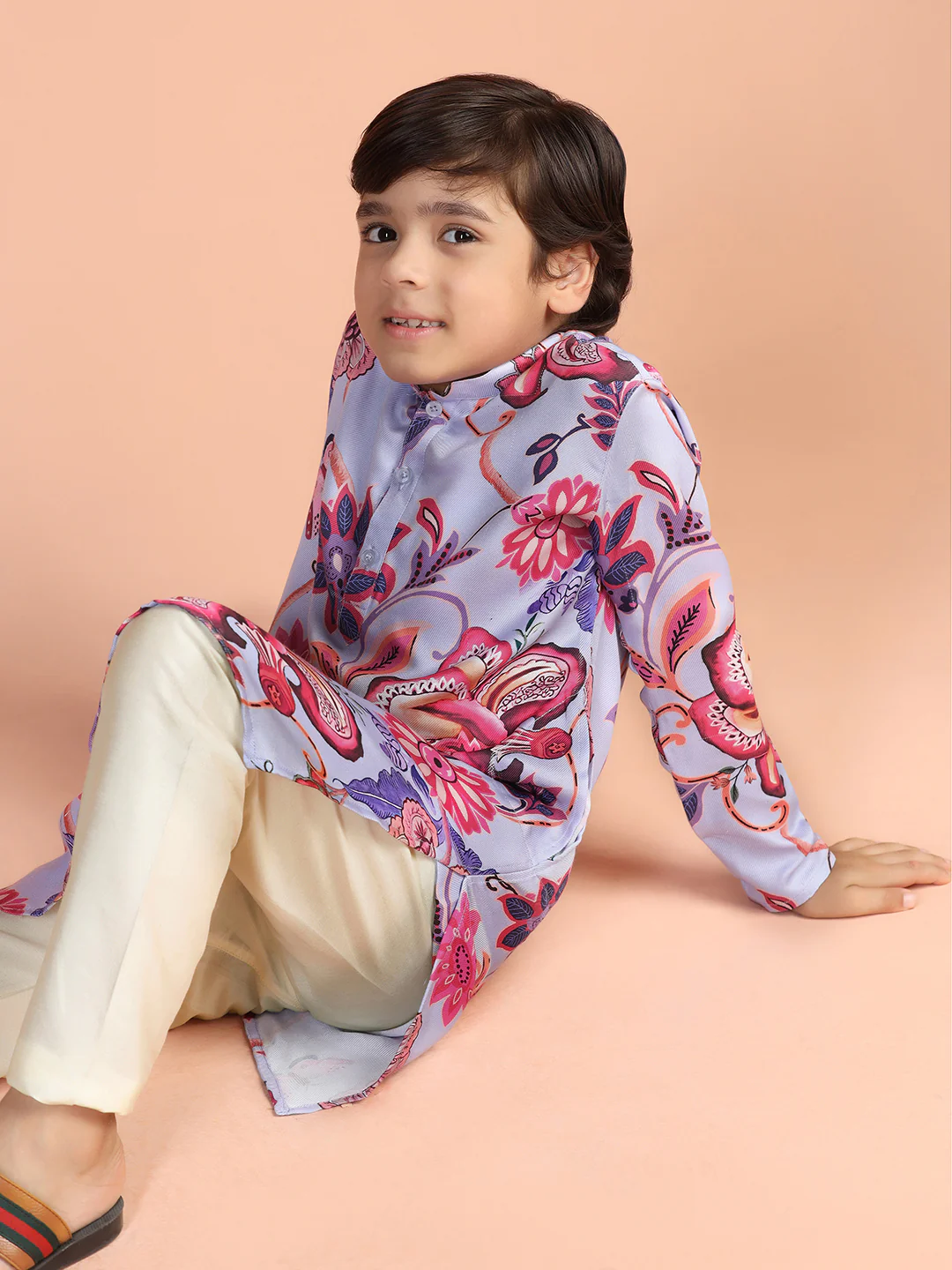Lilac Pink Floral Kids Kurta Set - Image 8