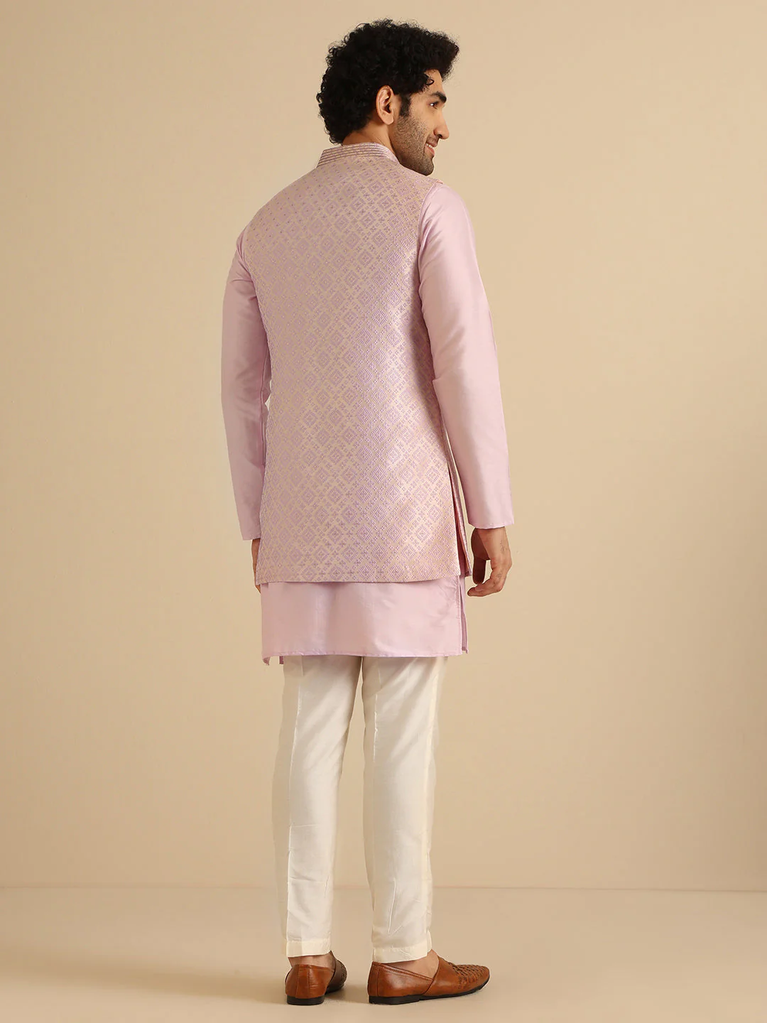 Lilac Silk Blend Textured Jacket Kurta Trouser Set - Image 4