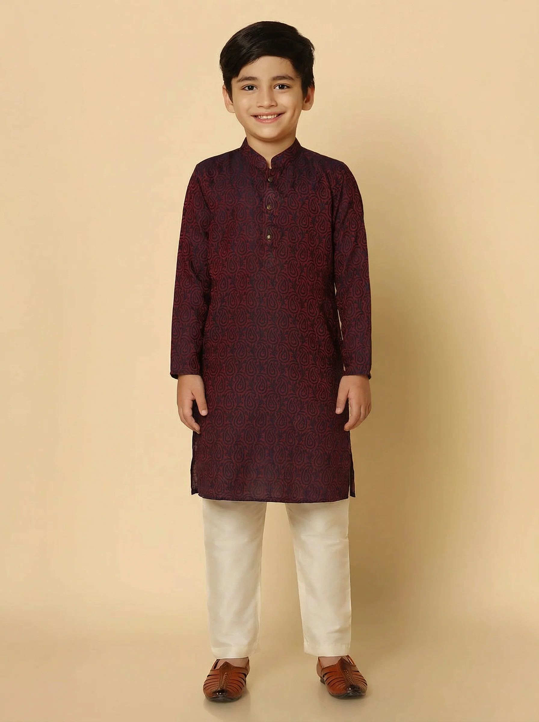 Magenta Silk Blend Jacquard Kurta Pyjama Set