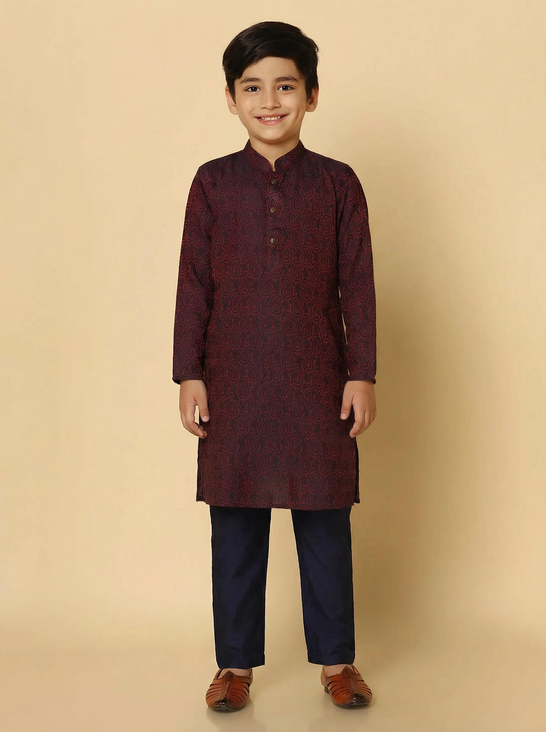 Magenta Silk Blend Jacquard Kurta Pyjama Set
