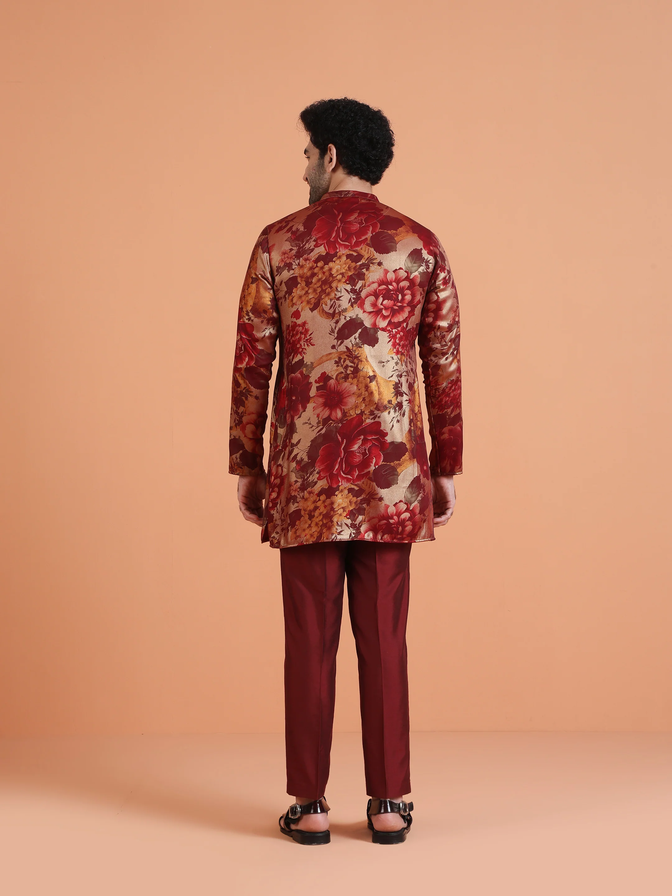 Maroon Art Silk Bold Floral Mid Kurta - Image 4