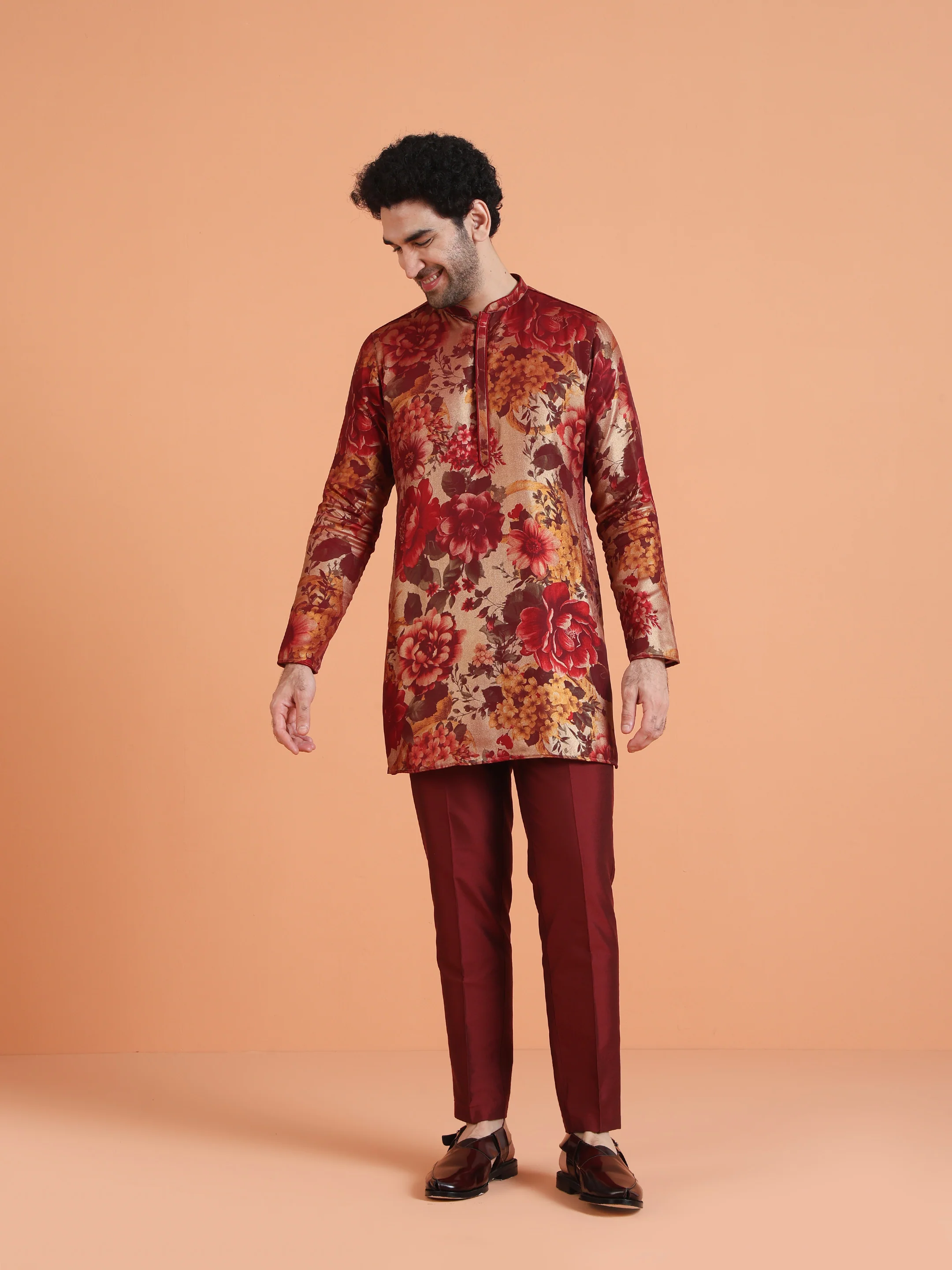 Maroon Art Silk Bold Floral Mid Kurta - Image 6