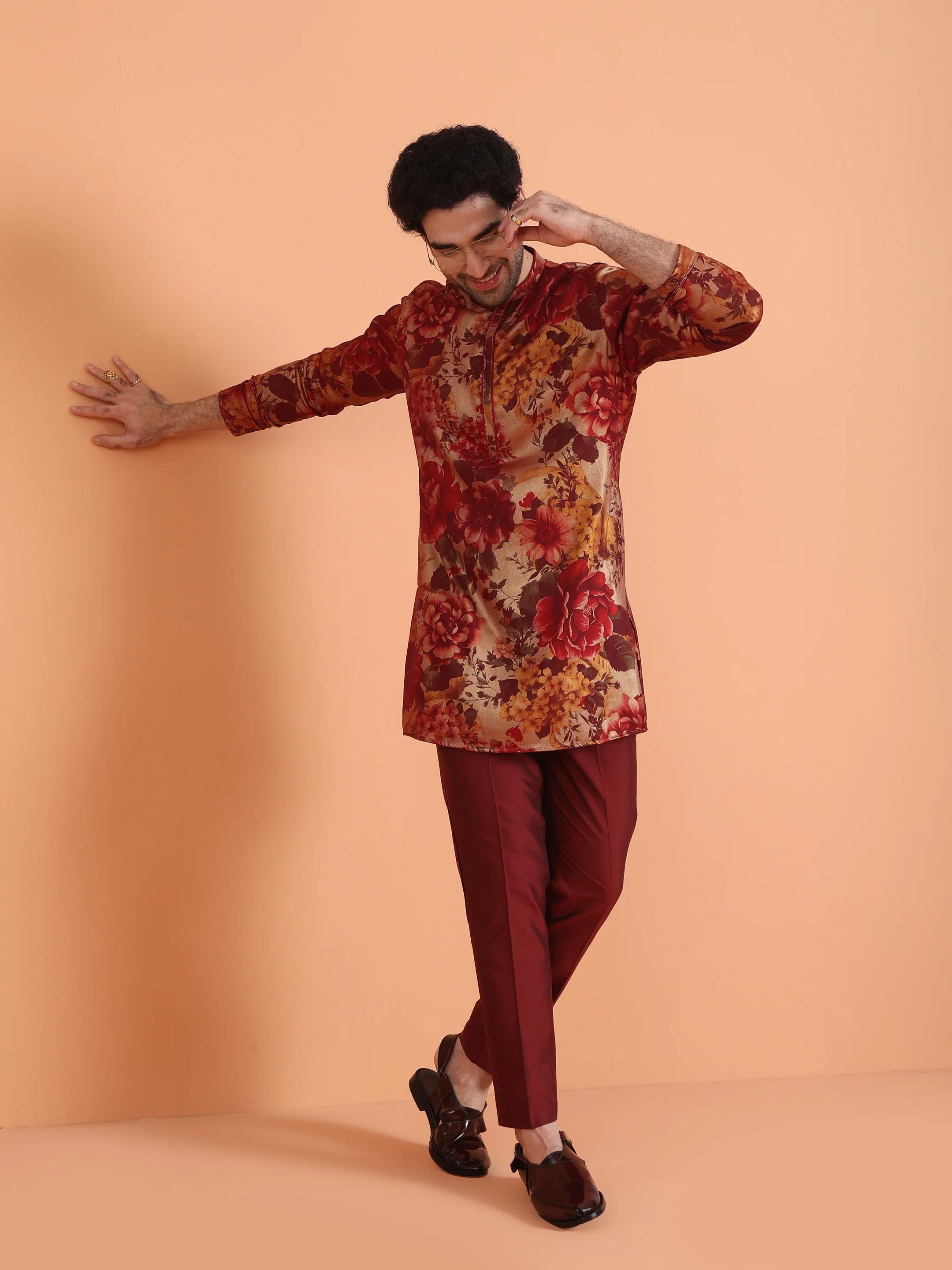 Maroon Art Silk Bold Floral Mid Kurta - Image 7