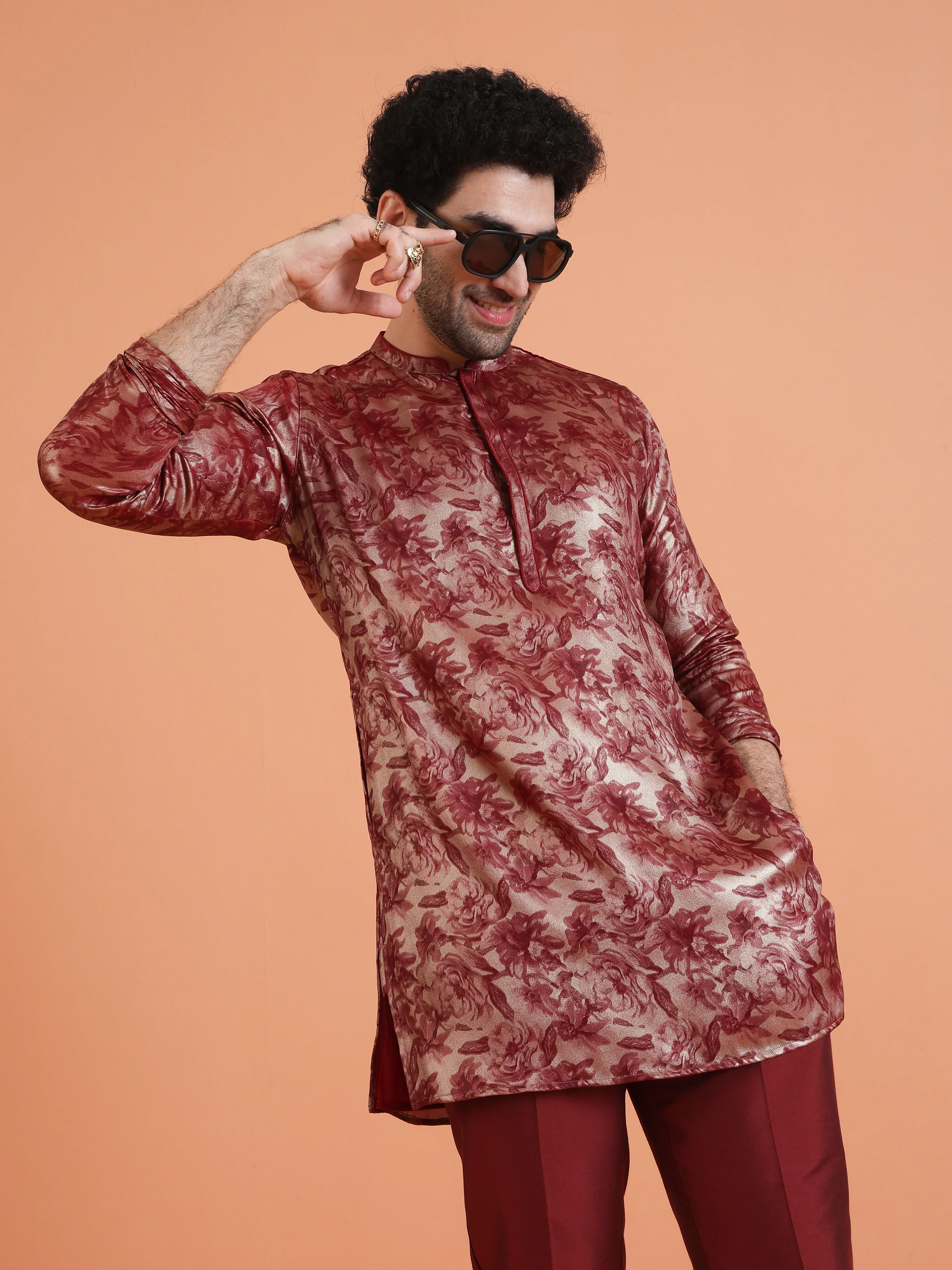 Maroon Art Silk Floral Mid Kurta