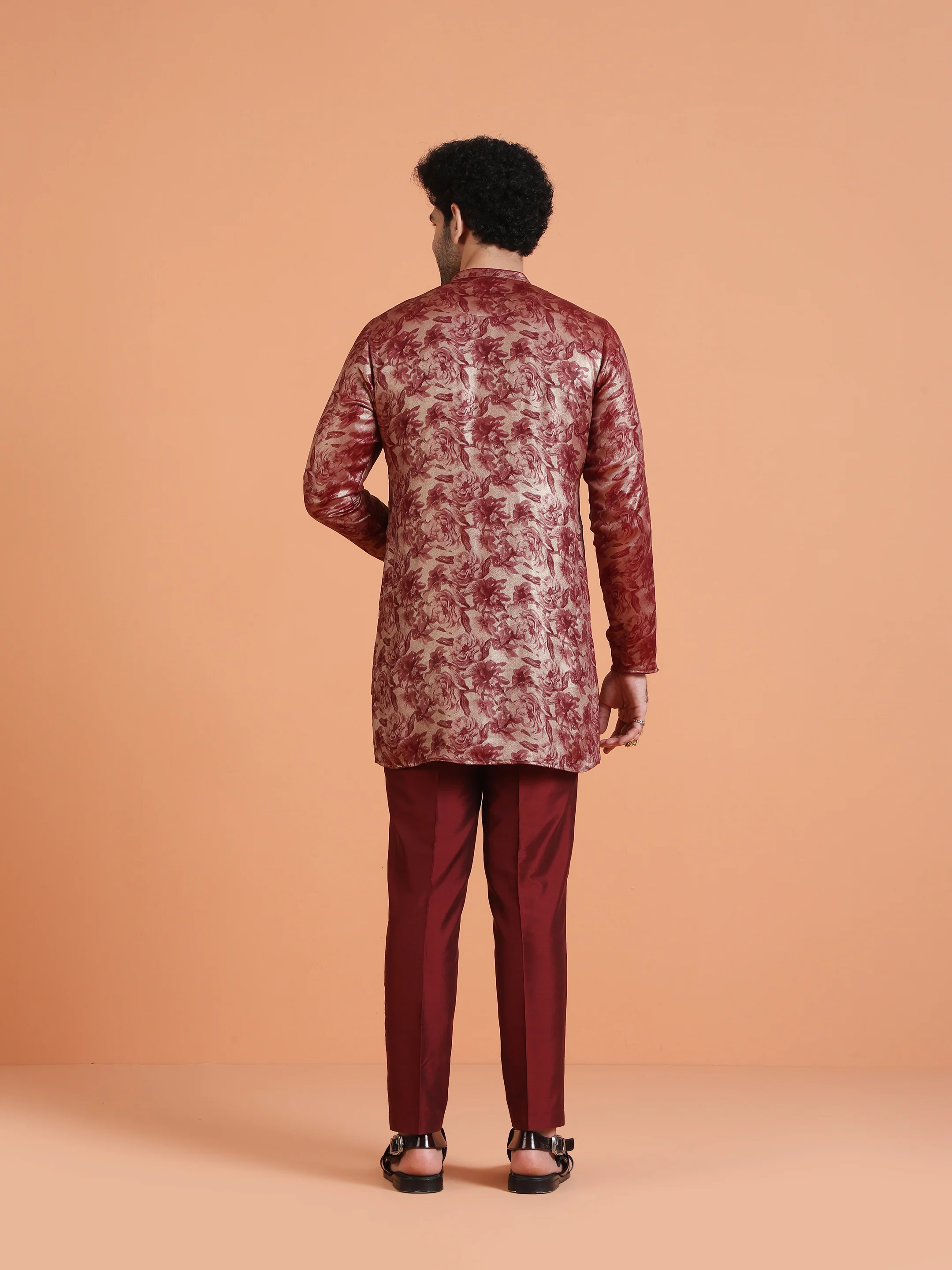 Maroon Art Silk Floral Mid Kurta - Image 4
