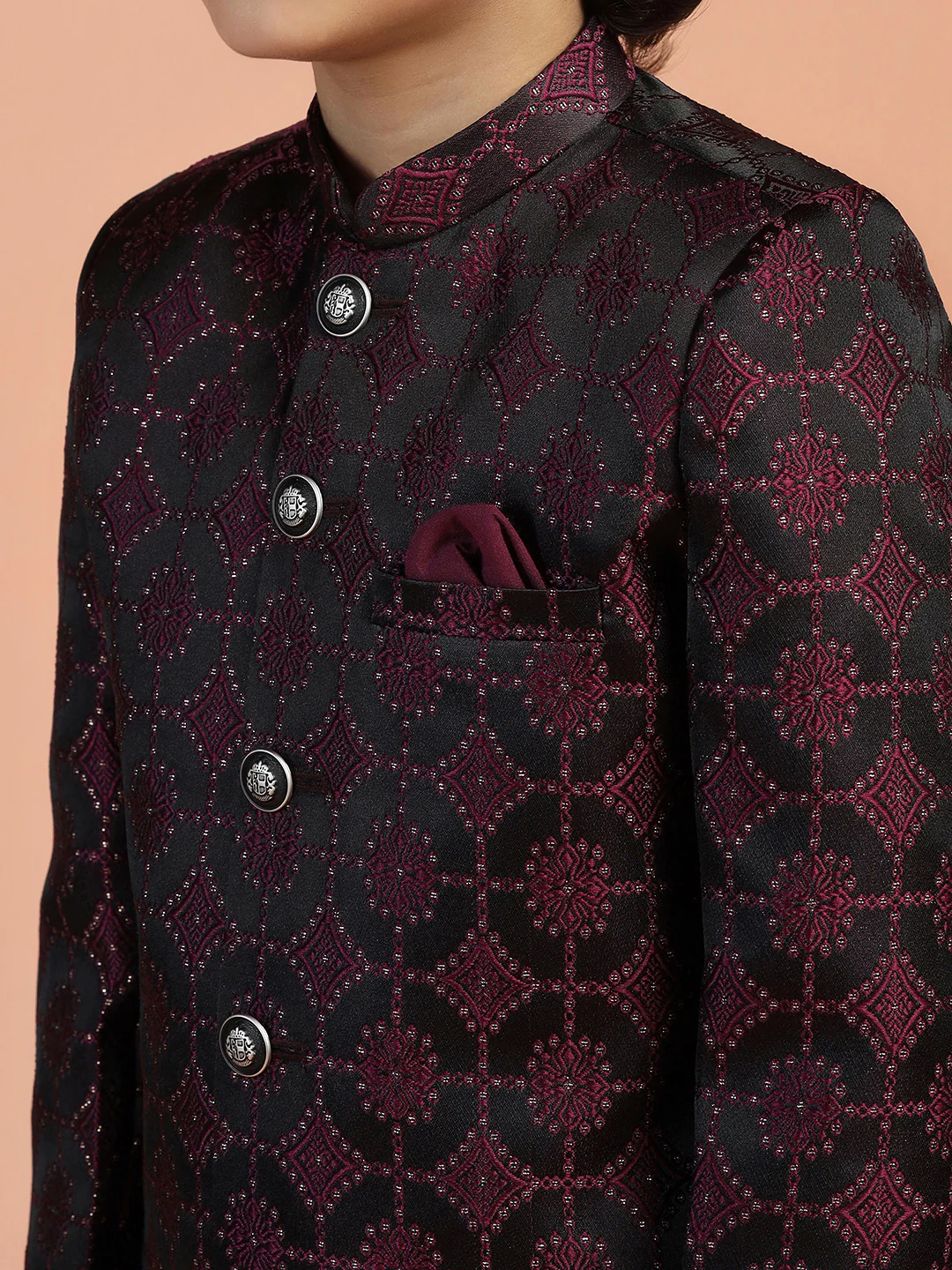 Maroon Black Jacquard Kids Sherwani Set - Image 5