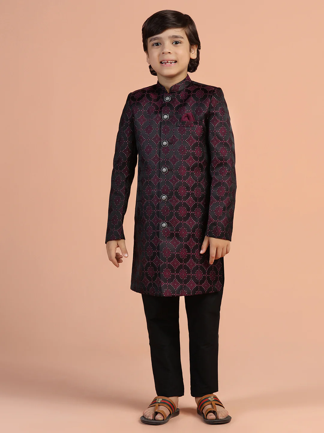 Maroon Black Jacquard Kids Sherwani Set - Image 7