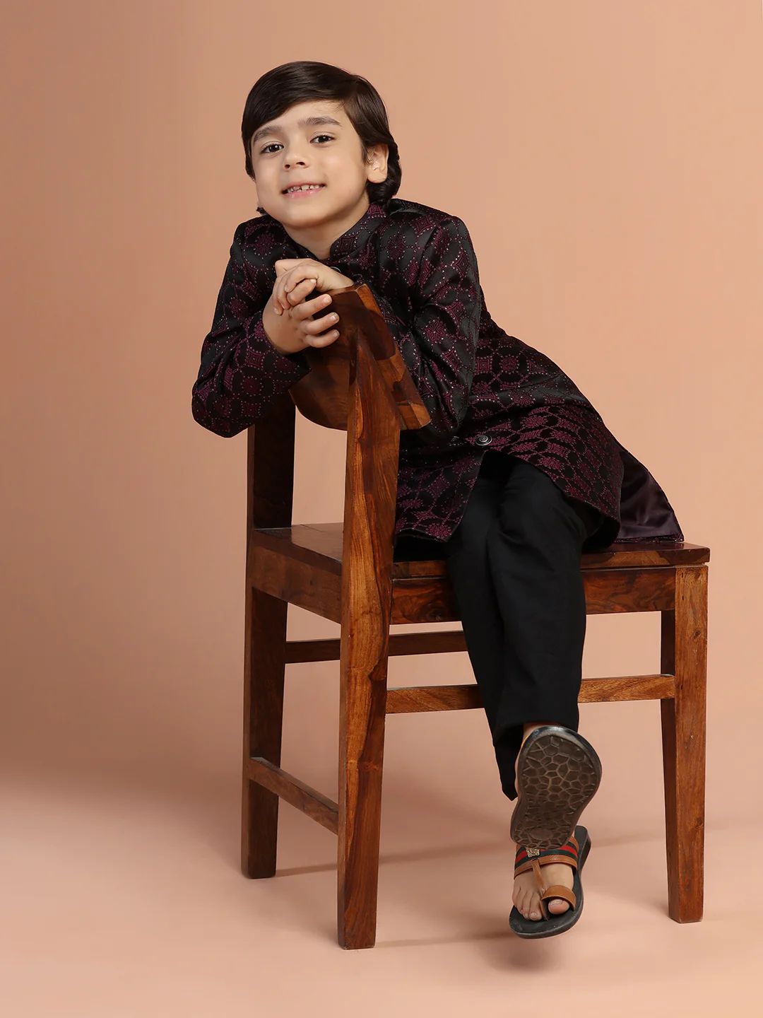 Maroon Black Jacquard Kids Sherwani Set - Image 8