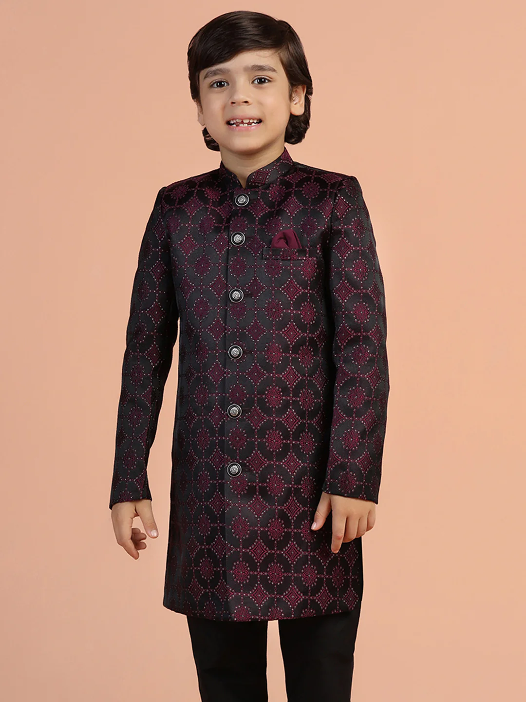 Maroon Black Jacquard Kids Sherwani Set - Image 9