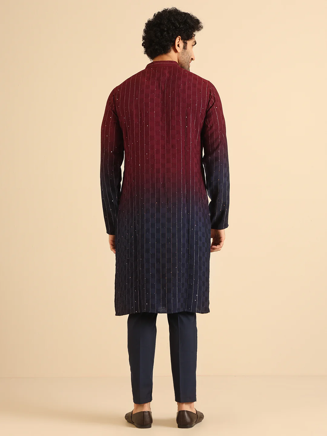Maroon Cotton Blend Embellished Ombre Kurta Trouser Set - Image 4