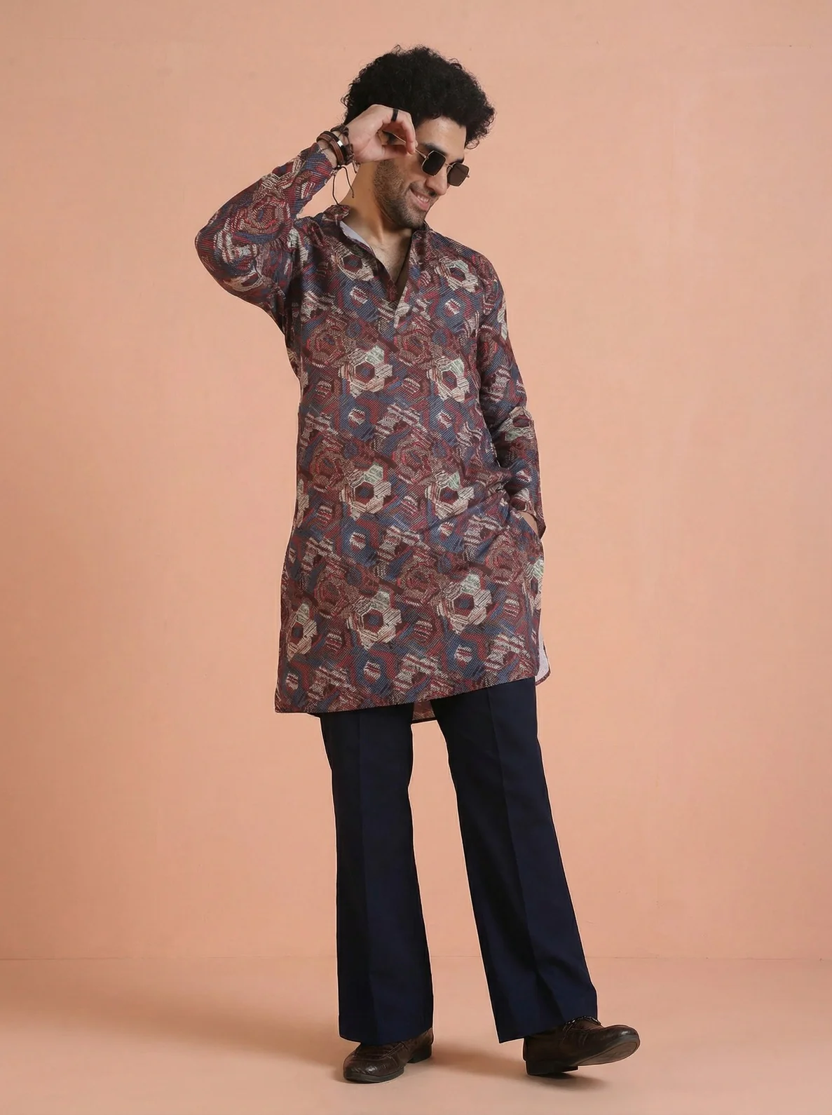 Maroon Cotton Blend Printed Kurta Wide Leg Trouser Set