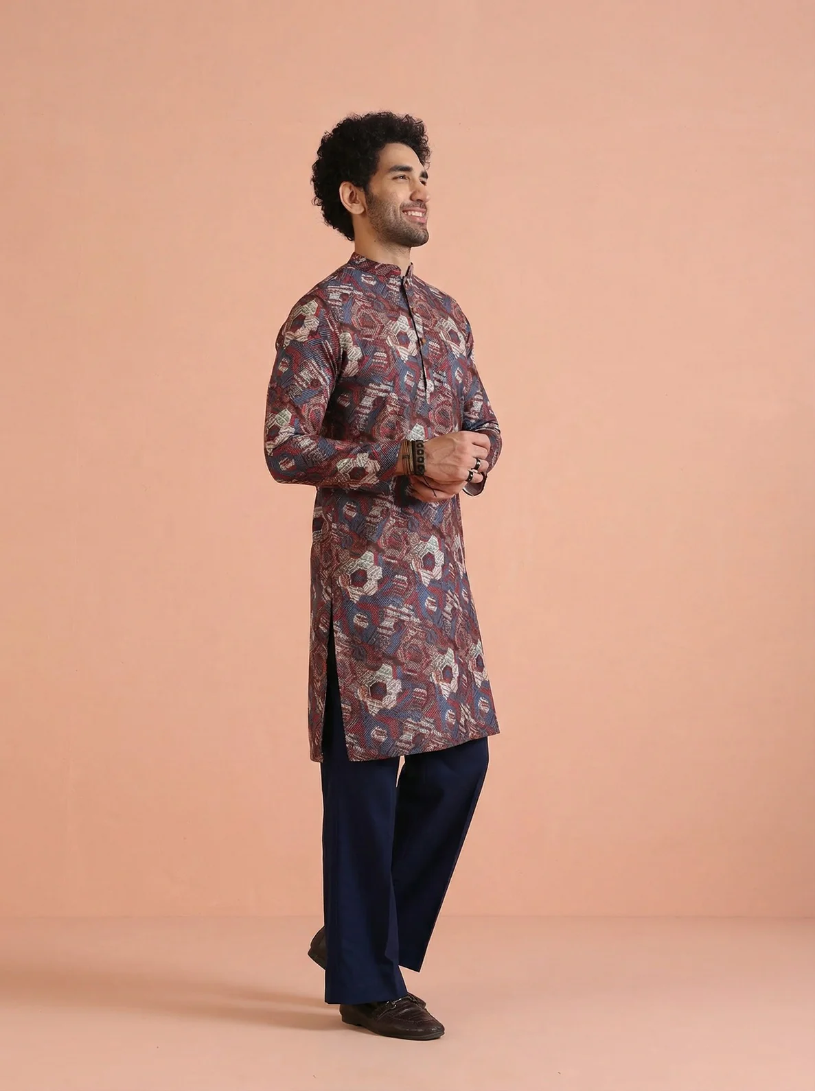 Maroon Cotton Blend Printed Kurta Wide Leg Trouser Set - Image 2