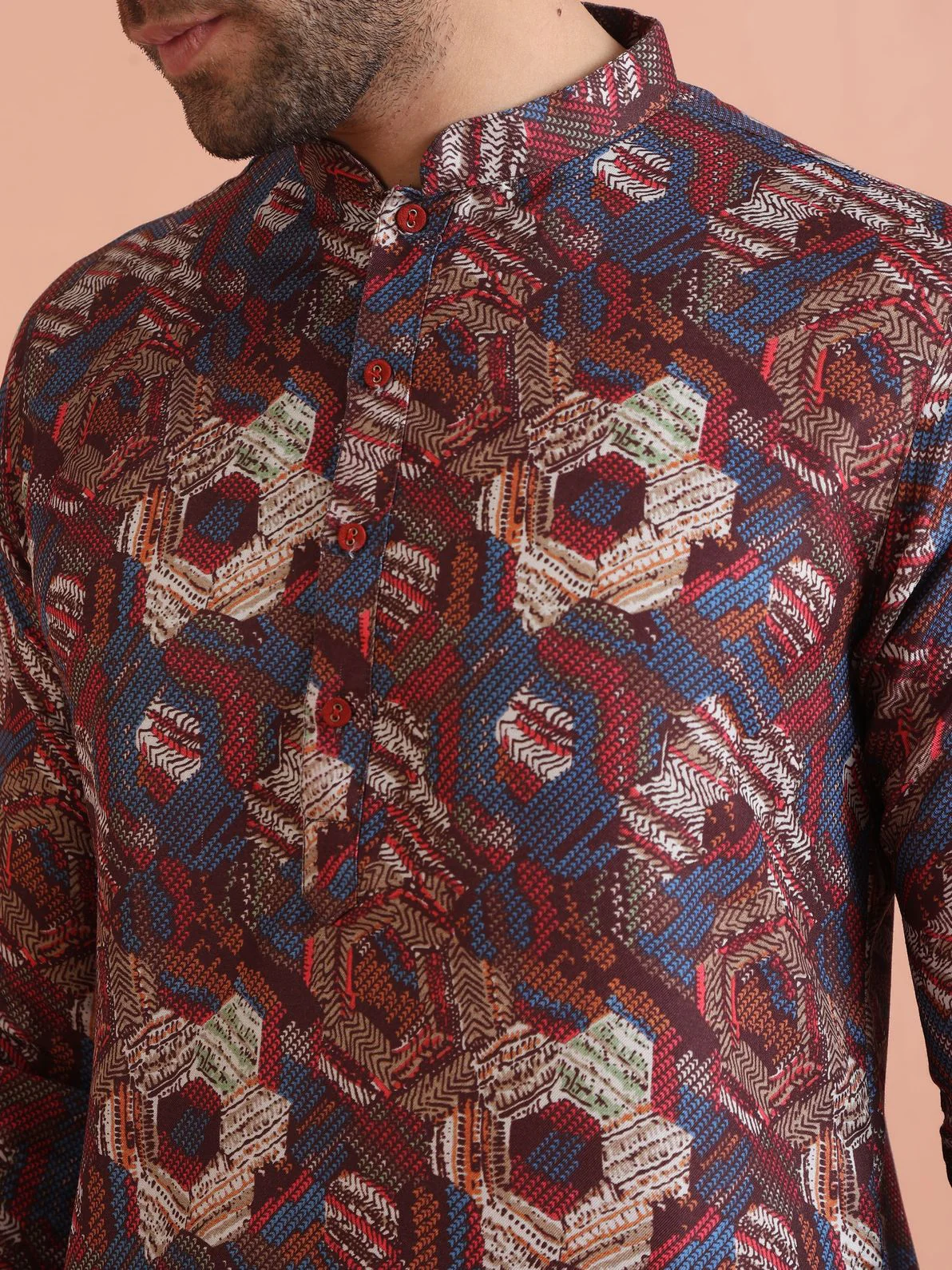 Maroon Cotton Blend Printed Kurta Wide Leg Trouser Set - Image 4