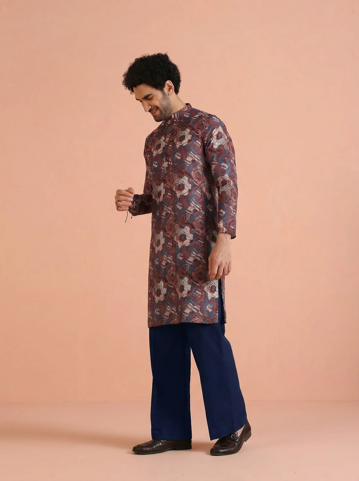 Maroon Cotton Blend Printed Kurta Wide Leg Trouser Set - Image 6