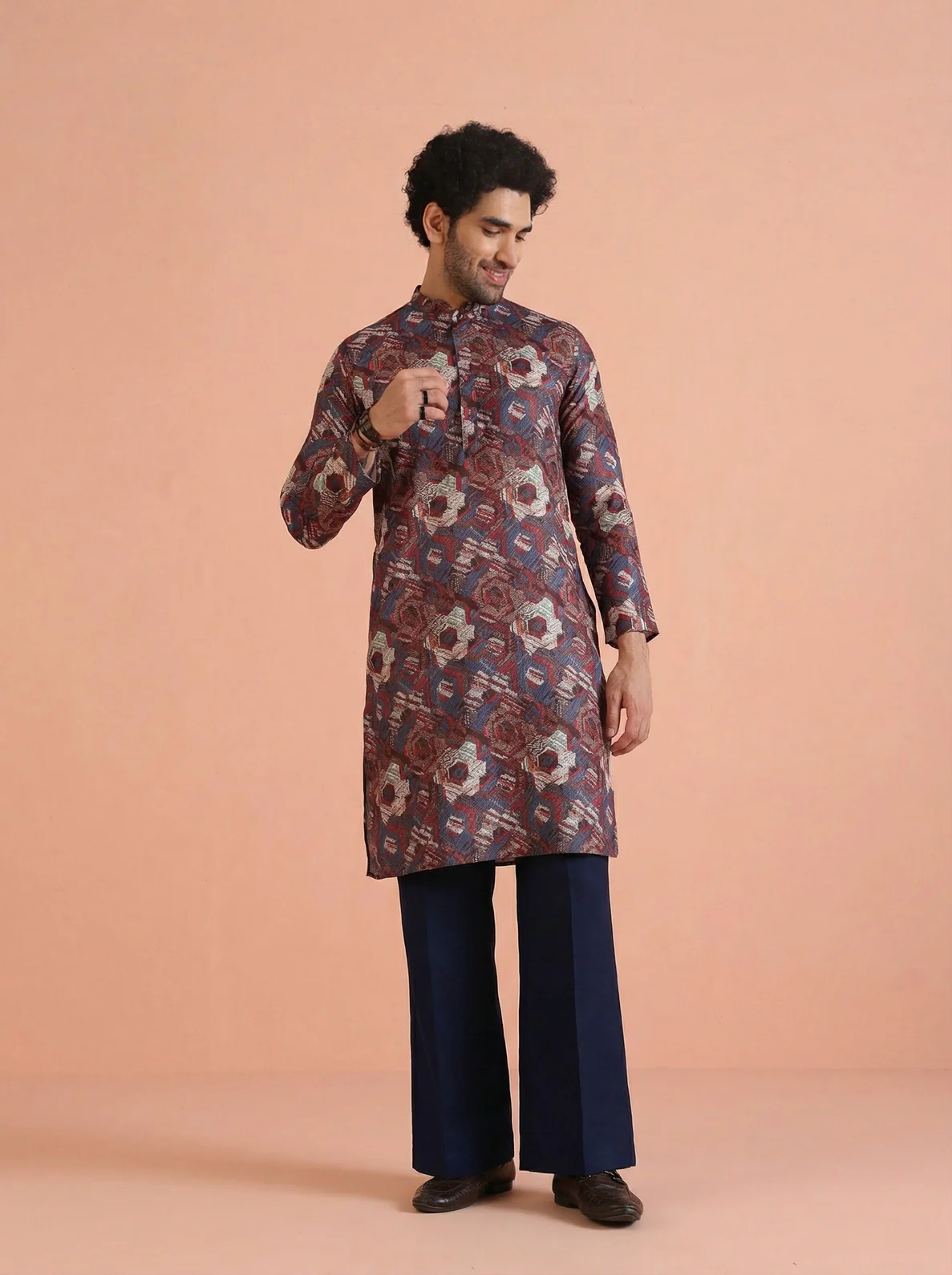 Maroon Cotton Blend Printed Kurta Wide Leg Trouser Set - Image 8