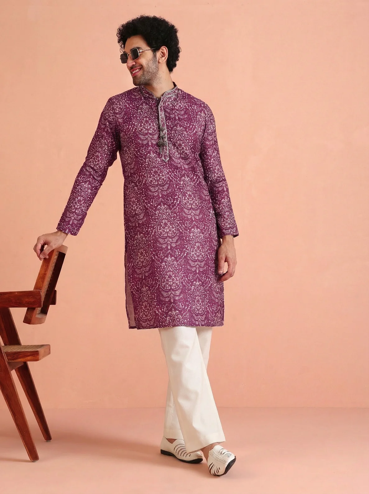 Maroon Cotton Blend Printed Kurta Wide Leg Trouser Set