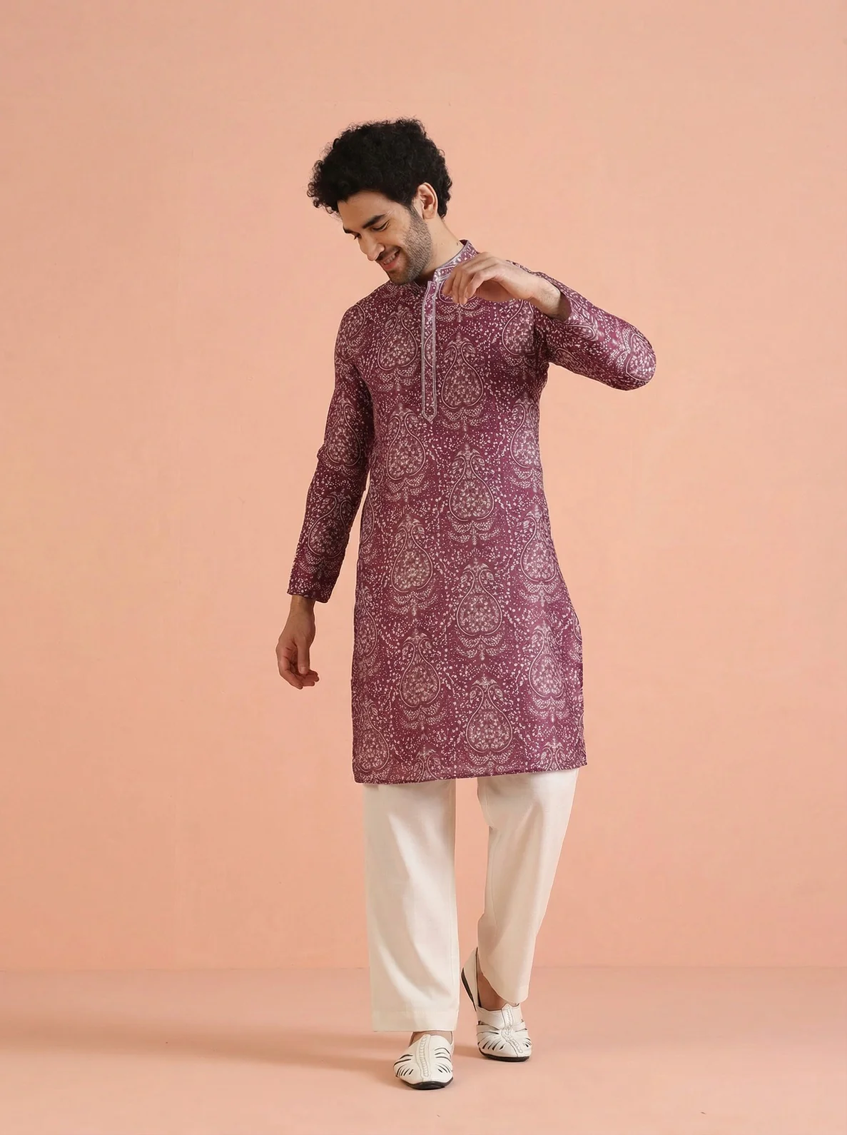 Maroon Cotton Blend Printed Kurta Wide Leg Trouser Set - Image 6