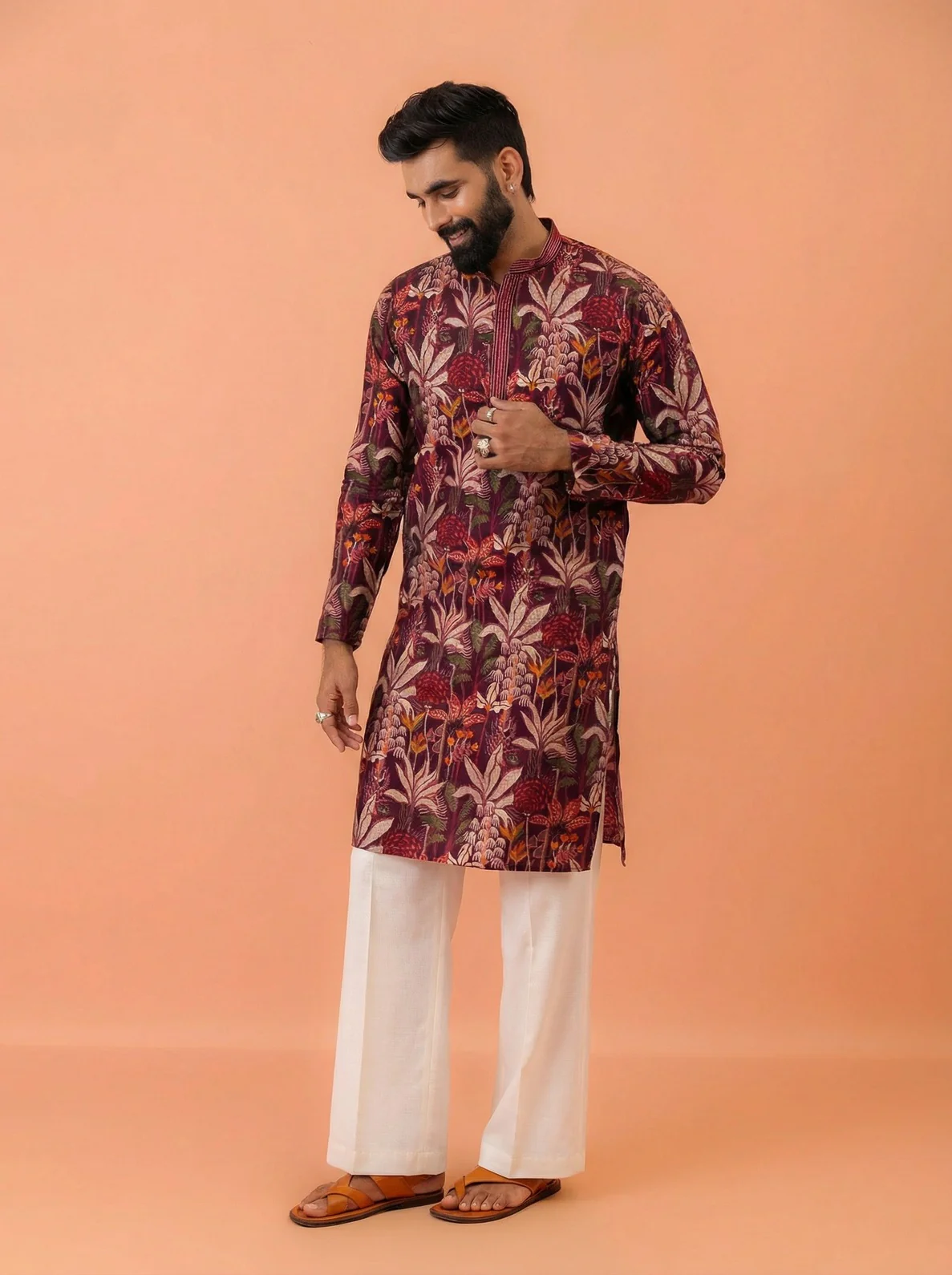Maroon Cotton Blend Printed Kurta Wide Leg Trouser Set