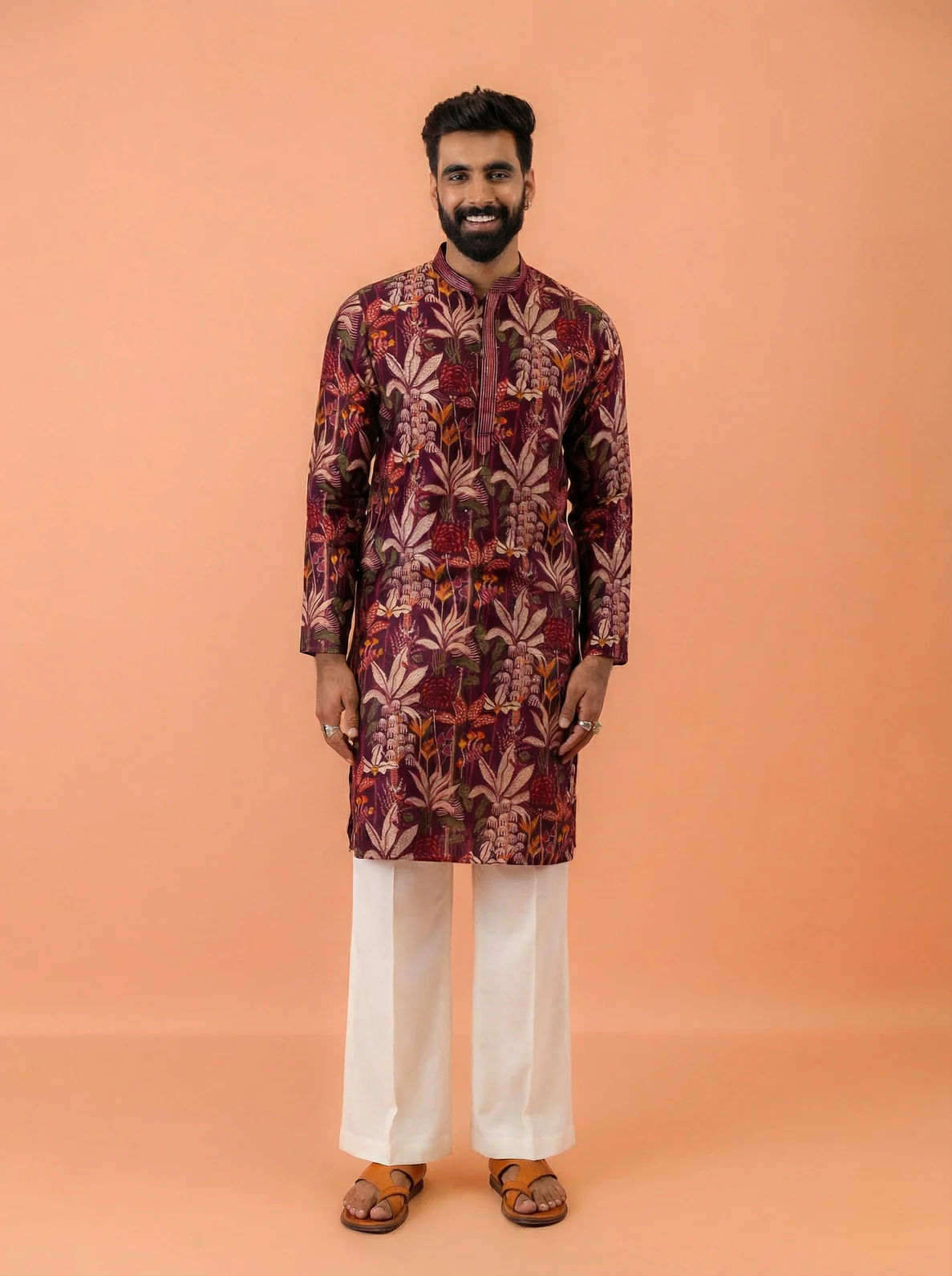 Maroon Cotton Blend Printed Kurta Wide Leg Trouser Set - Image 2