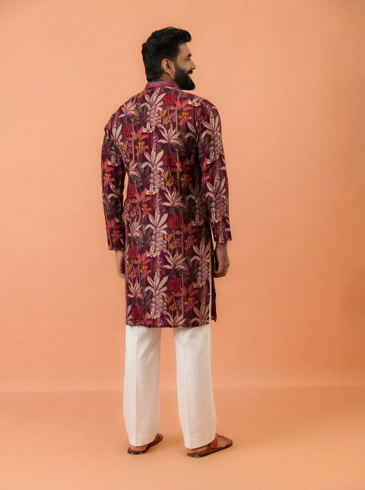 Maroon Cotton Blend Printed Kurta Wide Leg Trouser Set - Image 3