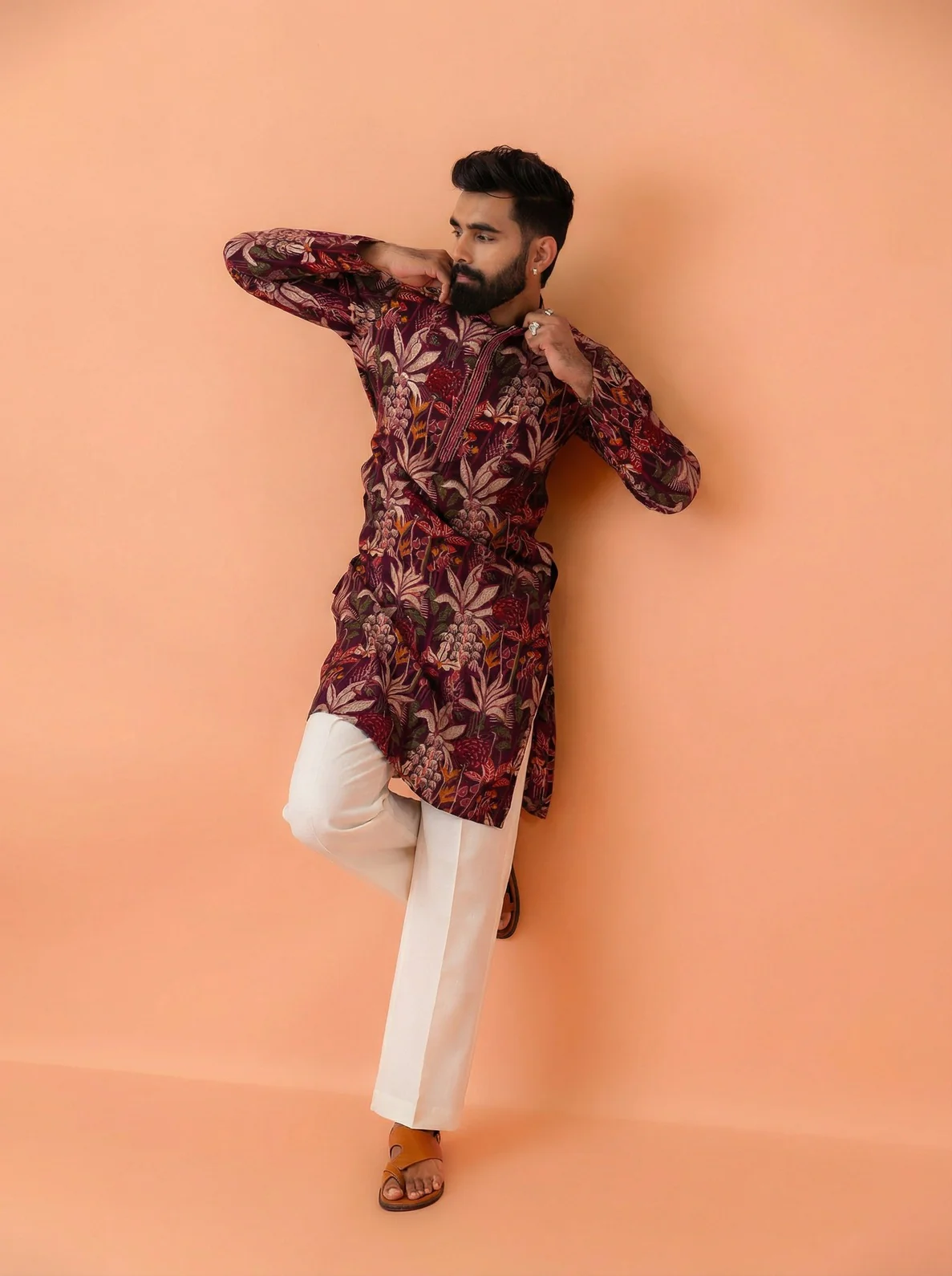 Maroon Cotton Blend Printed Kurta Wide Leg Trouser Set - Image 7