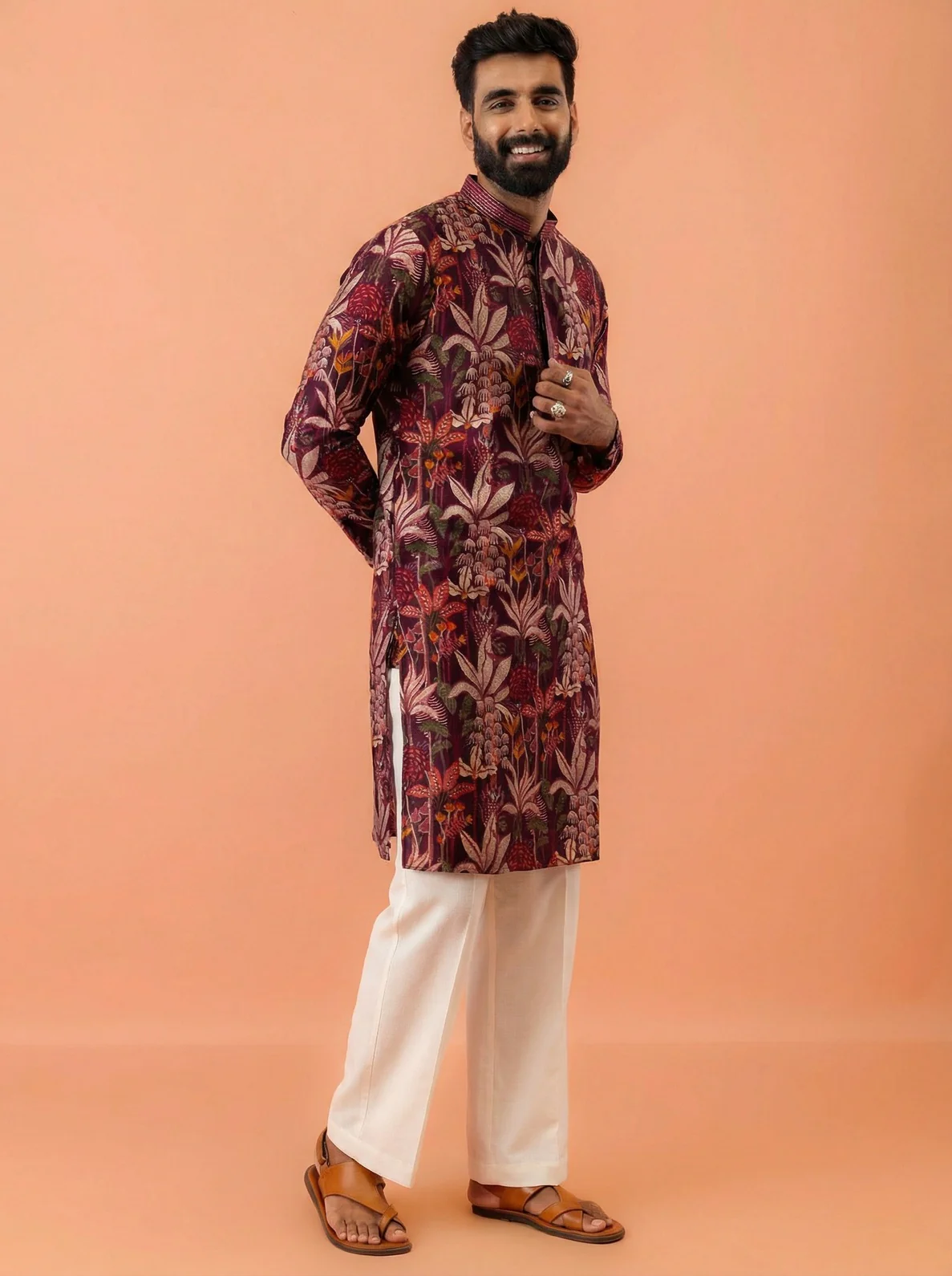 Maroon Cotton Blend Printed Kurta Wide Leg Trouser Set - Image 8