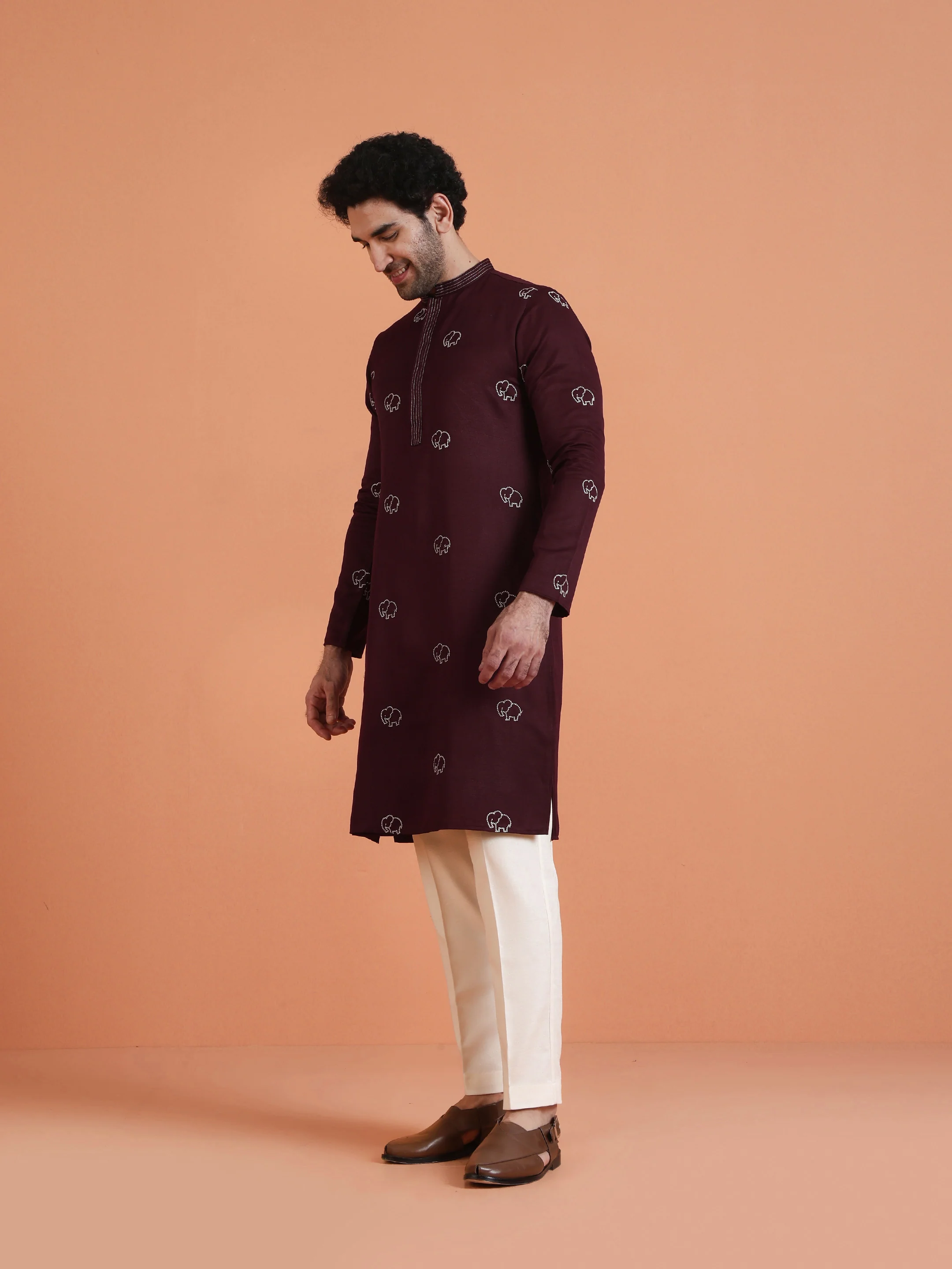 Maroon Cotton Silk Embroidered Kurta - Image 2