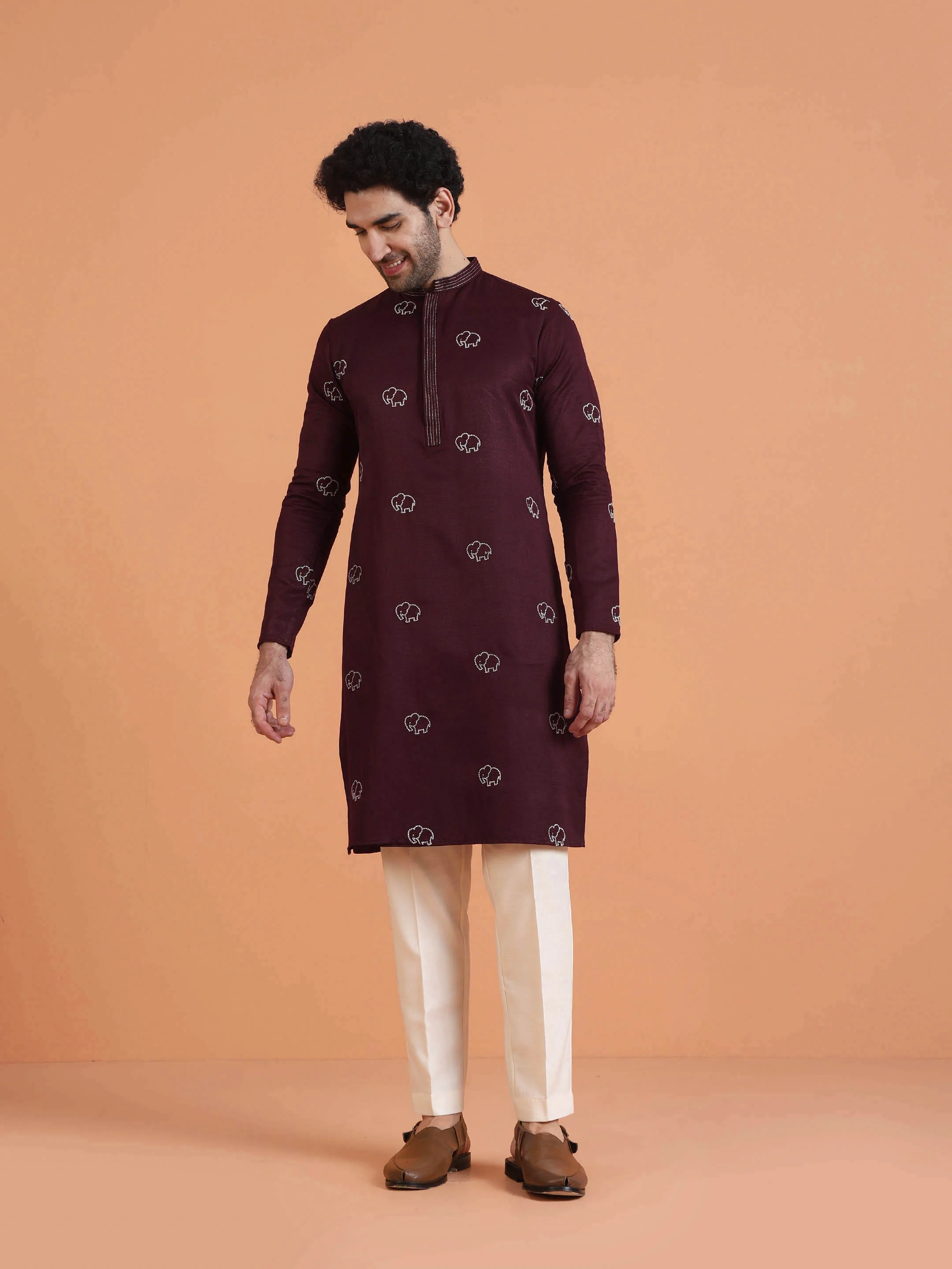 Maroon Cotton Silk Embroidered Kurta - Image 6
