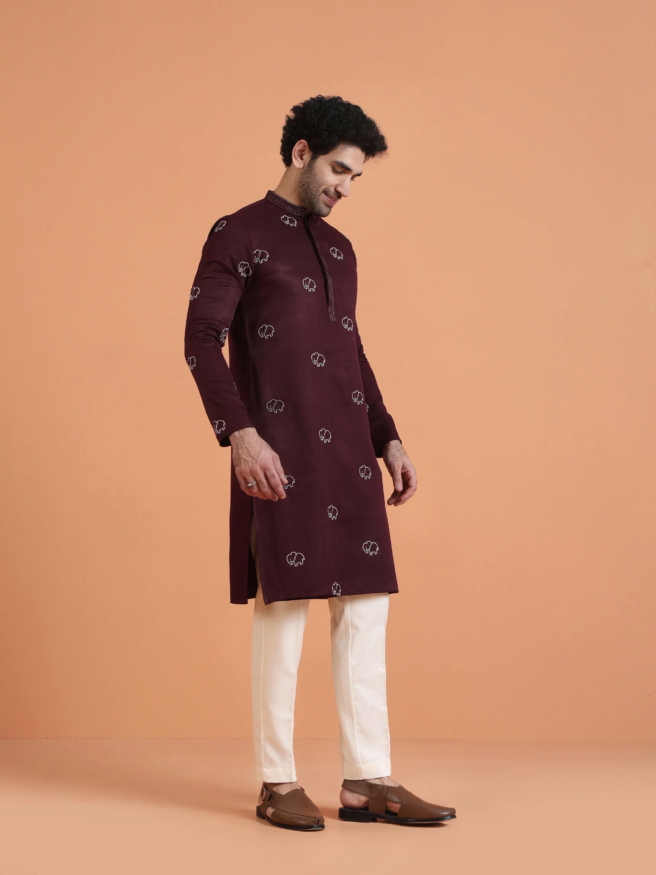 Maroon Embroidered Kurta with Cream Trouser Set – Elegant Festive Wear - Image 4