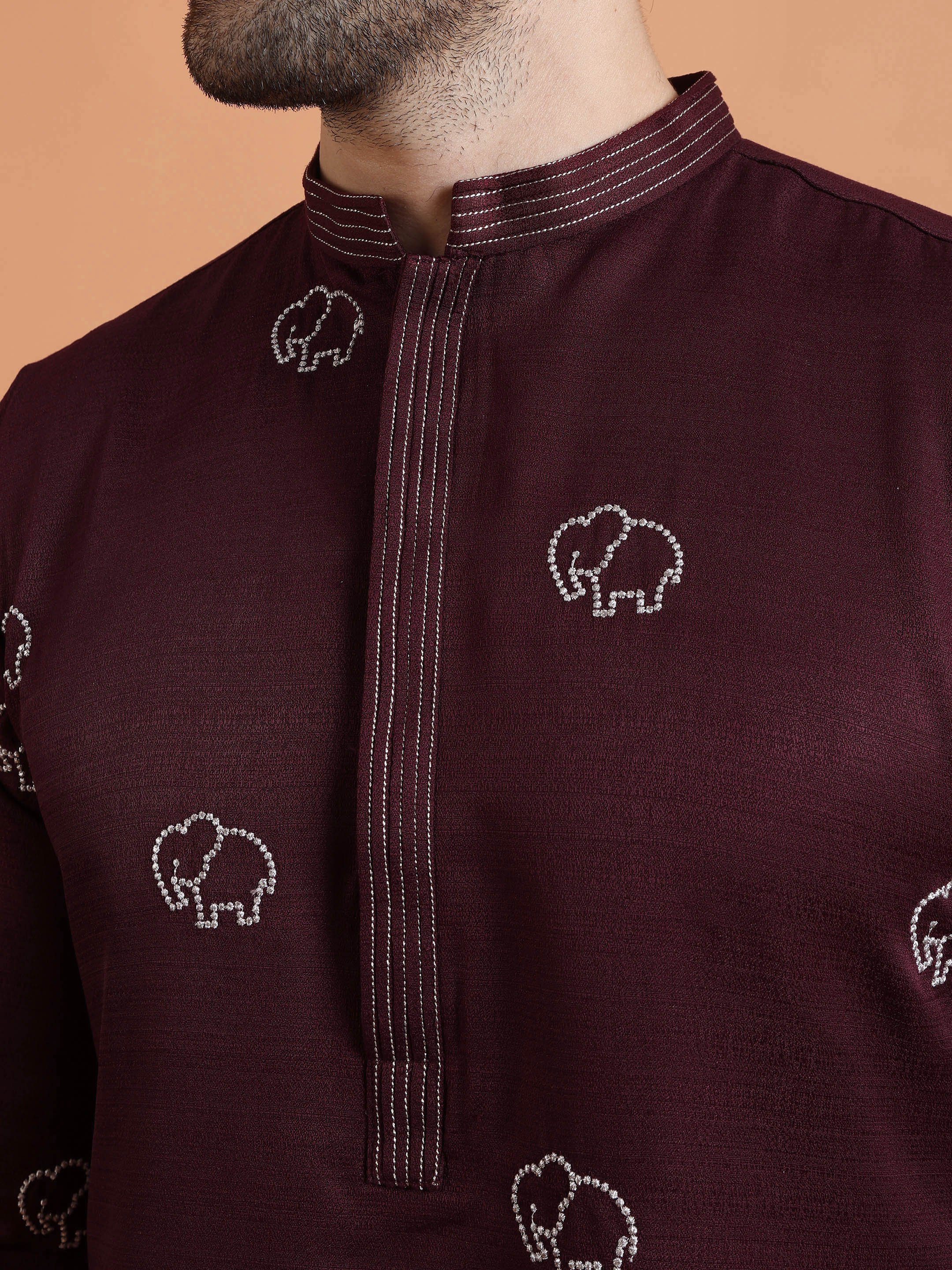 Maroon Embroidered Kurta with Cream Trouser Set – Elegant Festive Wear - Image 6
