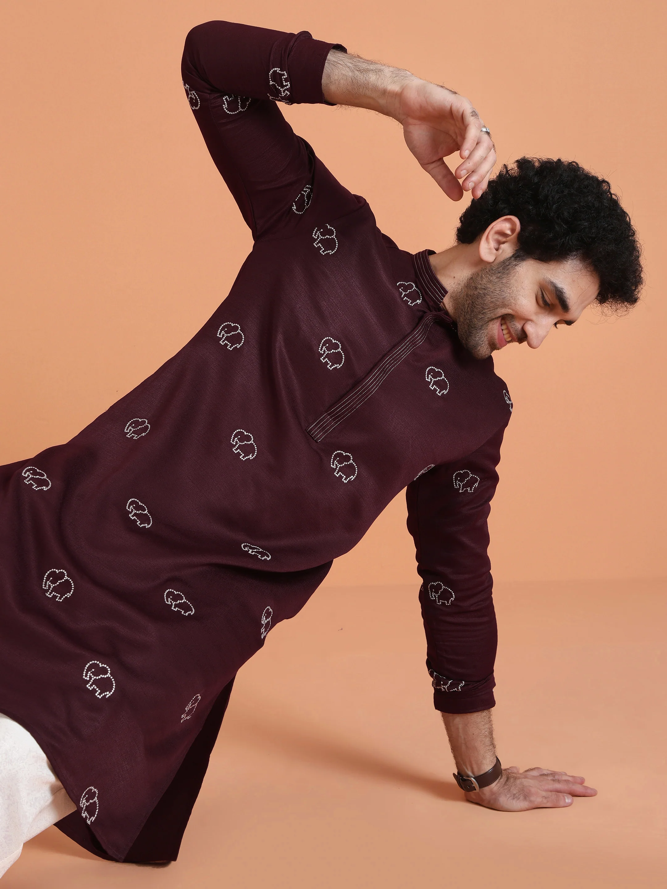 Maroon Embroidered Kurta with Cream Trouser Set – Elegant Festive Wear - Image 9