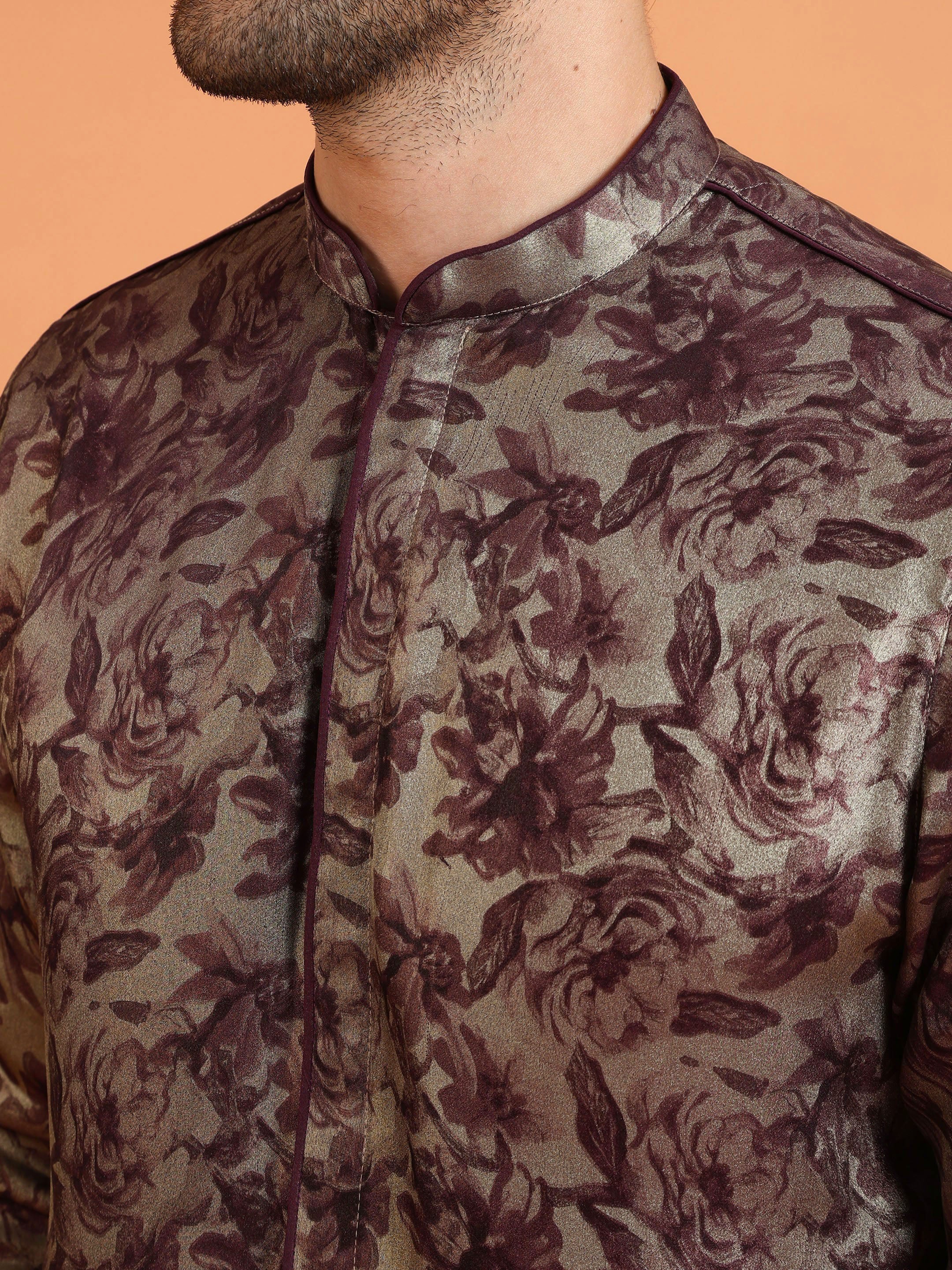 Maroon Floral Art Silk Front Open Kurta Set - Image 5