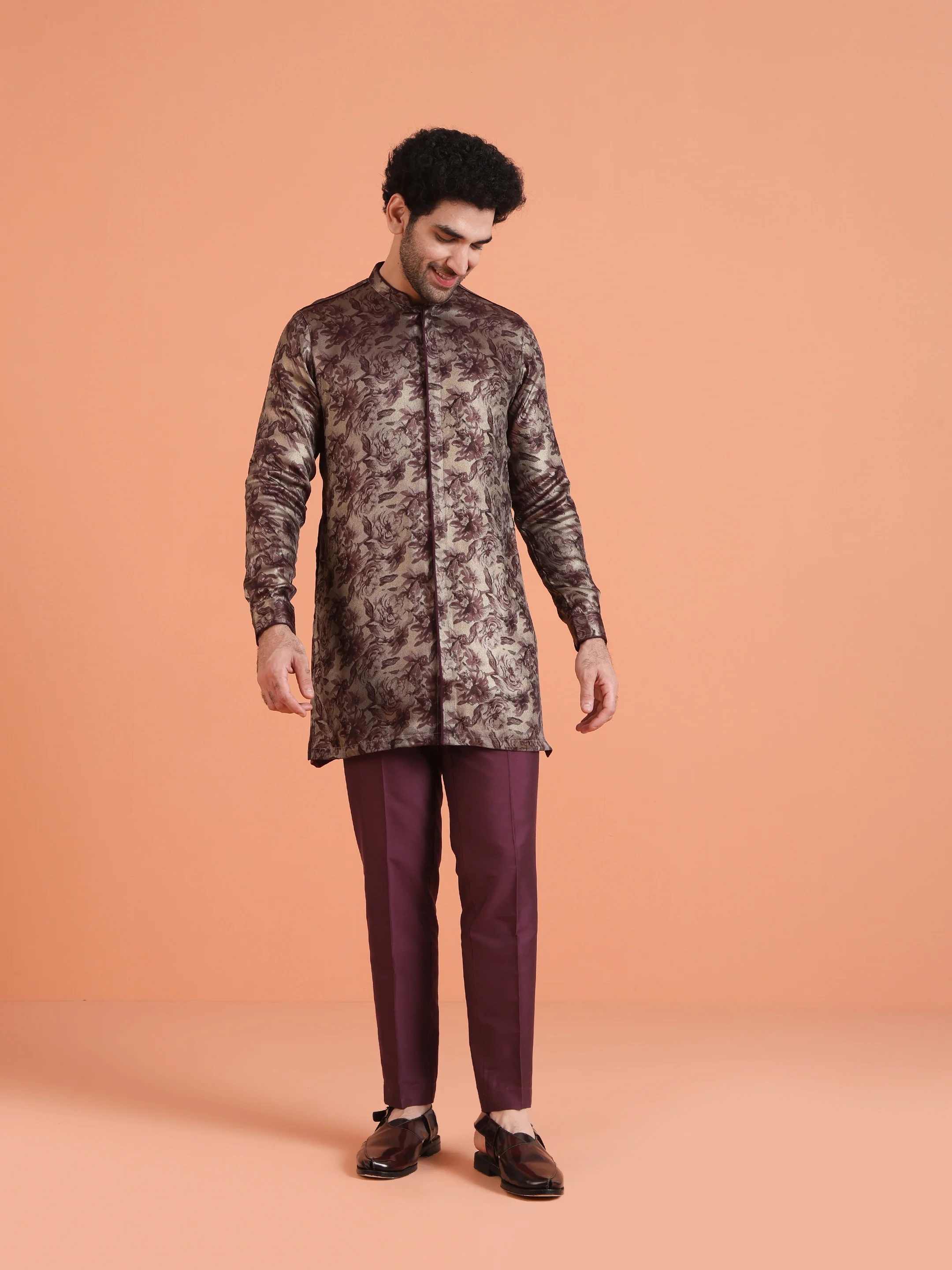 Maroon Floral Art Silk Front Open Kurta Set - Image 7