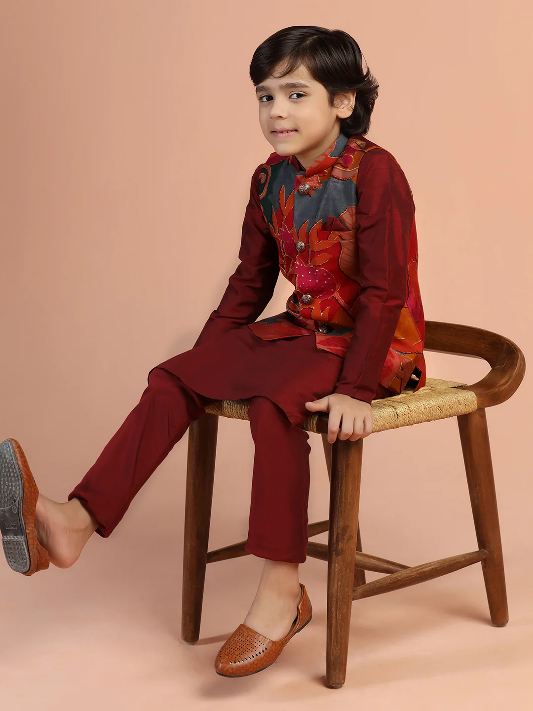 Maroon Floral Jacket Kurta Set