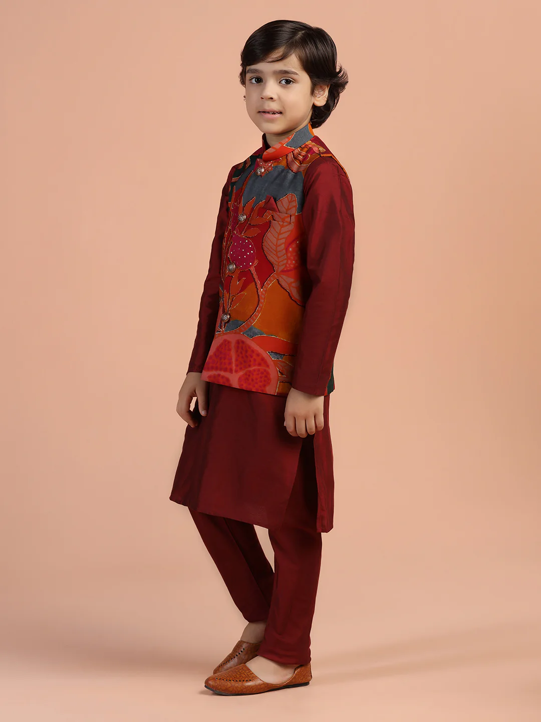 Maroon Floral Jacket Kurta Set - Image 2