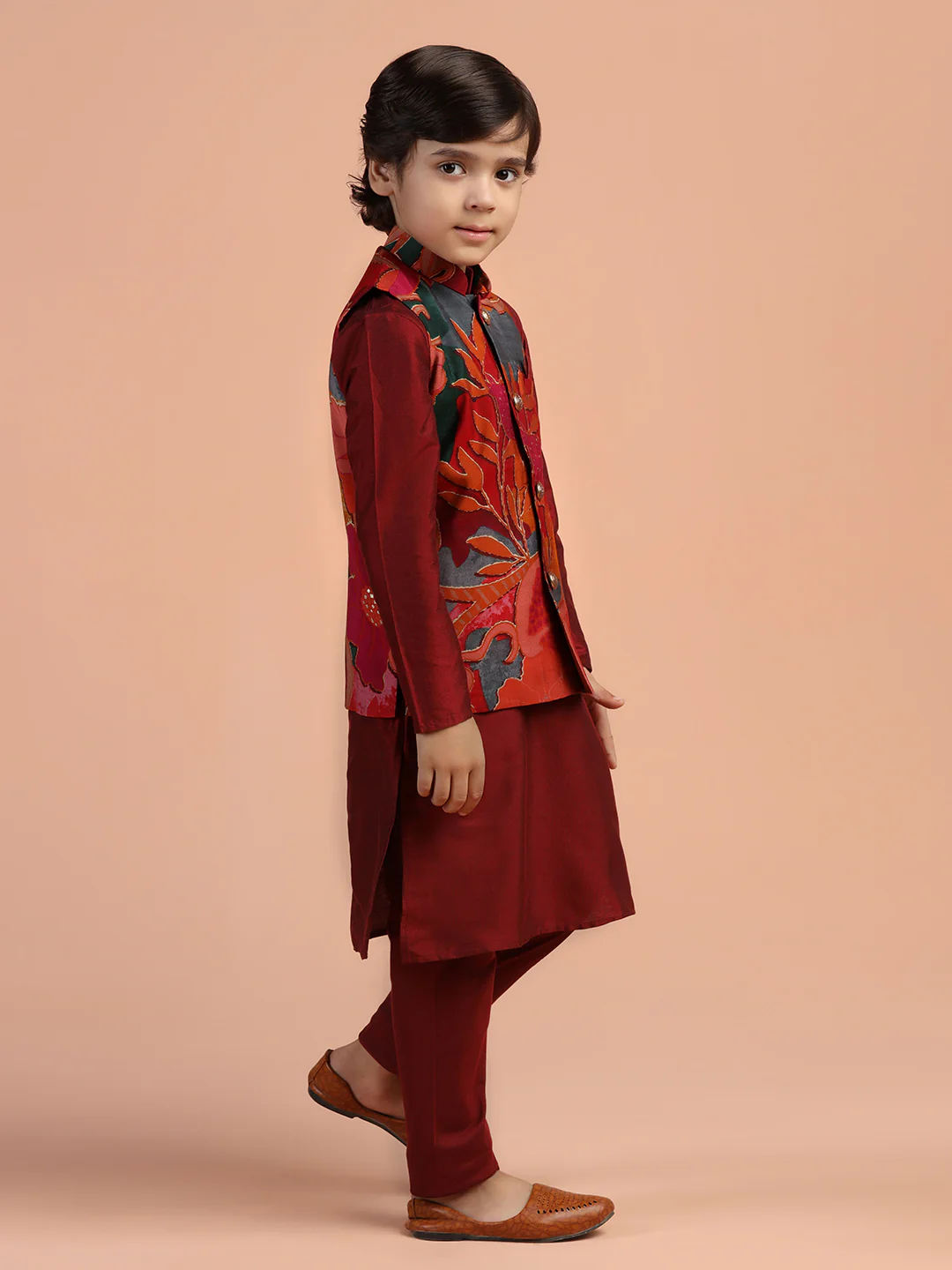 Maroon Floral Jacket Kurta Set - Image 3
