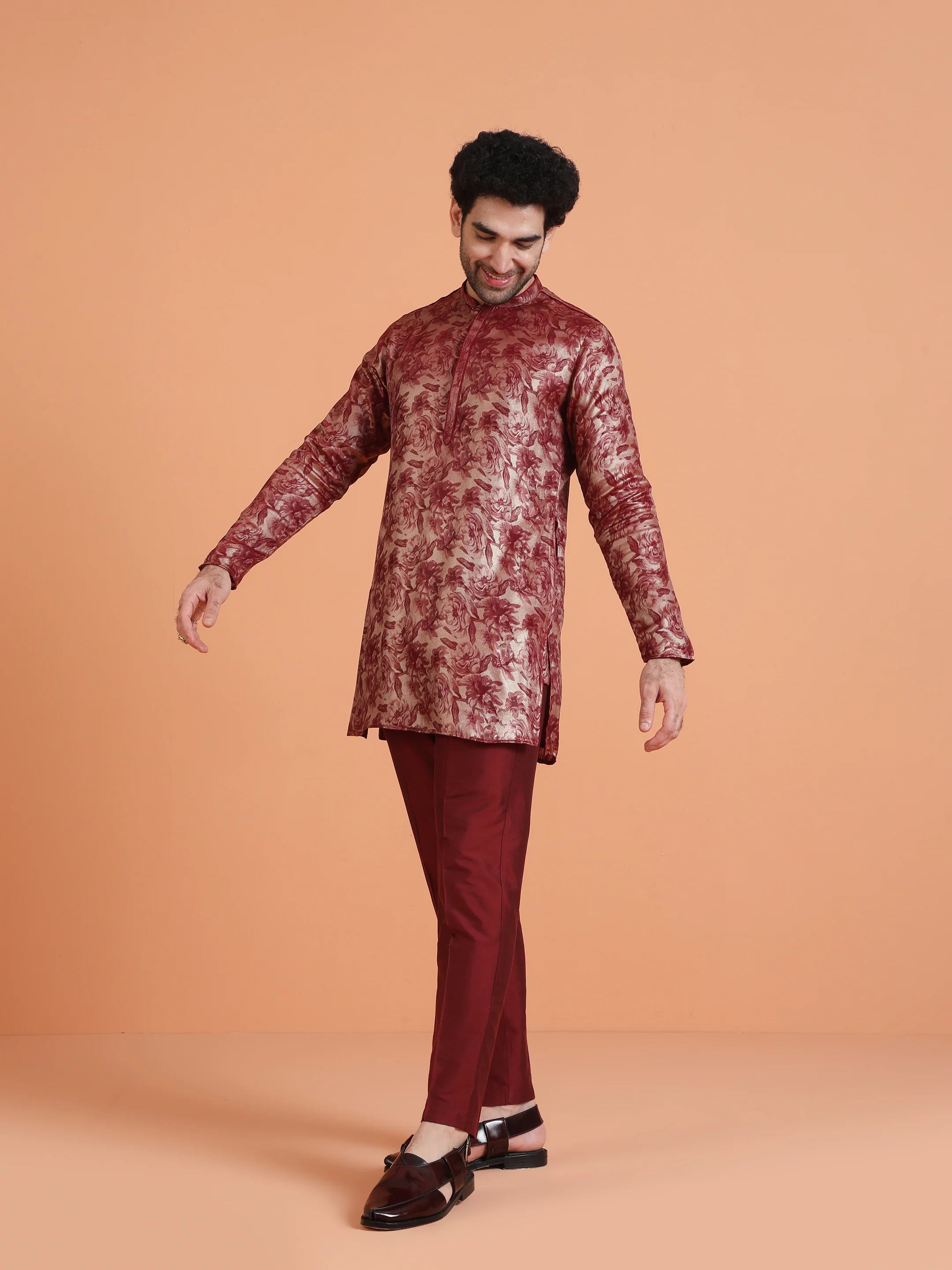 Maroon Floral Printed Kurta Set with Trouser – Festive & Occasion Wear - Image 2