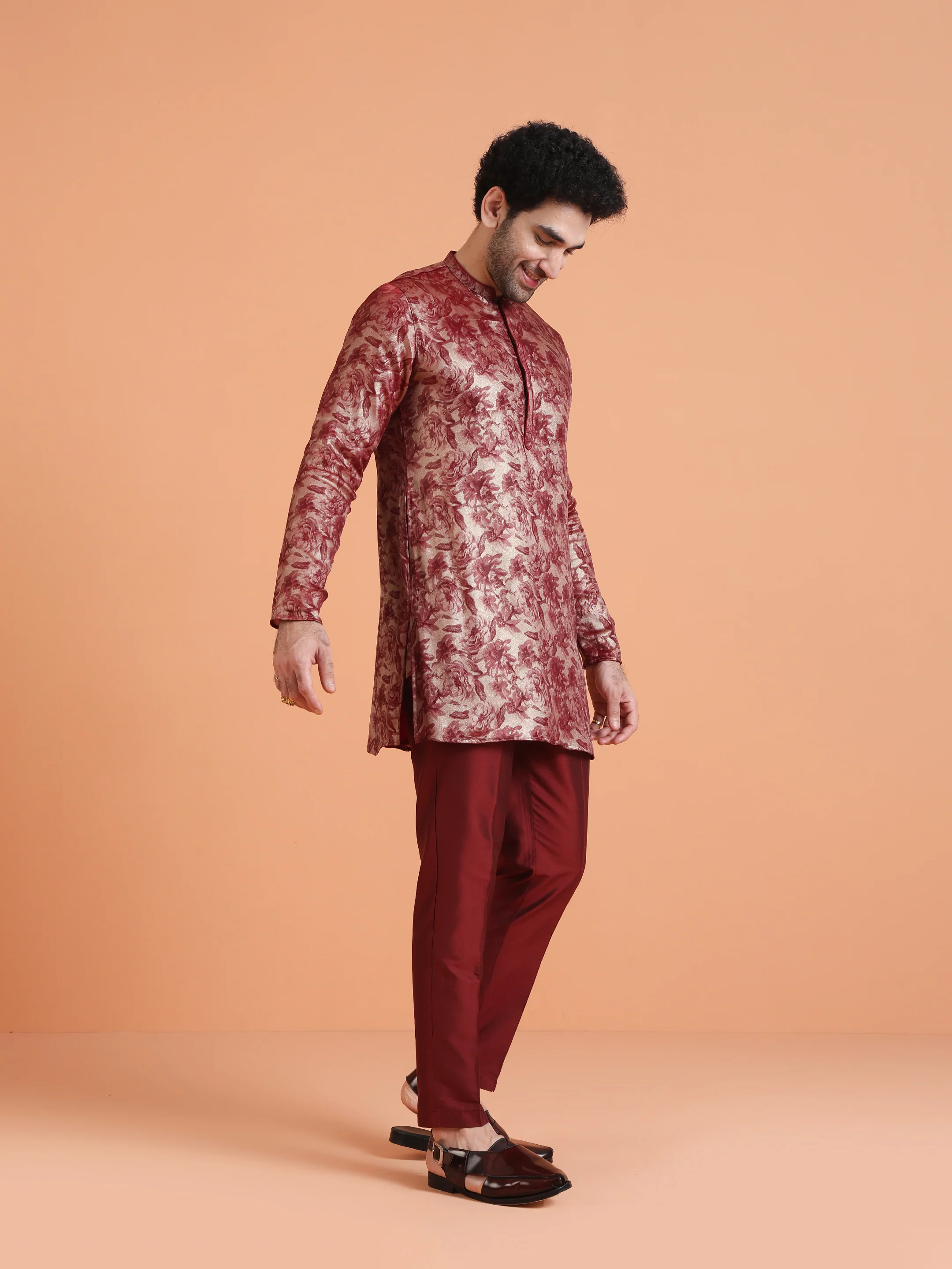 Maroon Floral Printed Kurta Set with Trouser – Festive & Occasion Wear - Image 3
