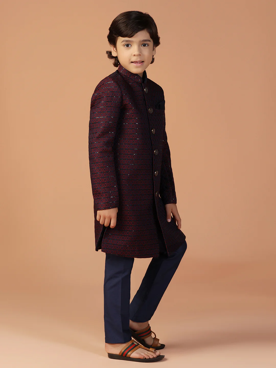 Maroon Jacquard Kids Sherwani Set - Image 3
