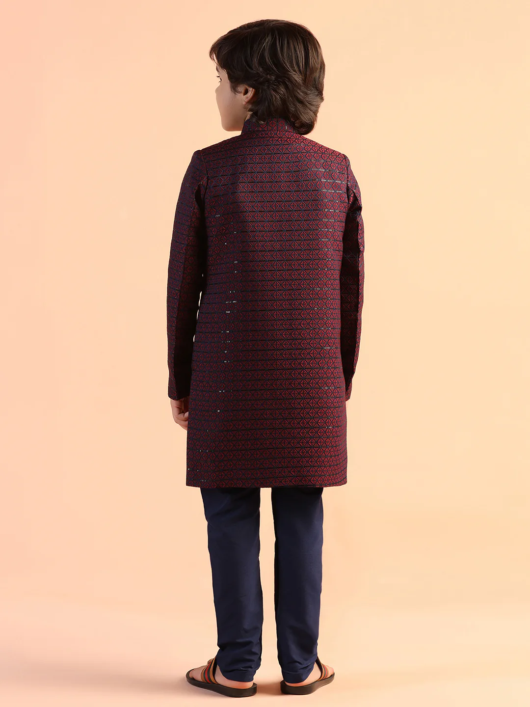 Maroon Jacquard Kids Sherwani Set - Image 4